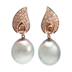 Vintage Pair of South Sea Tahitian Pearl and Diamond Dangling Earrings in Rose Gold