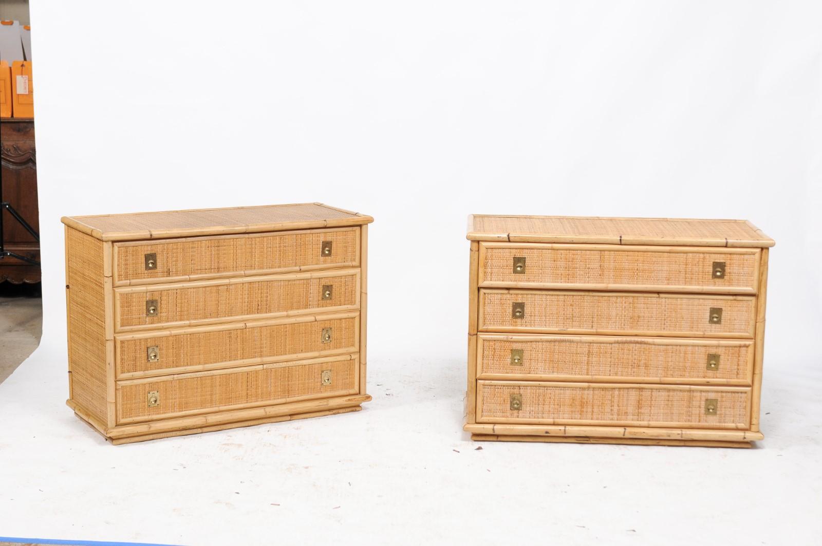 A pair of southern French vintage raffia and bamboo four-drawer commodes from the second half of the 20th century, with brass hardware. We found these vintage commodes in the South of France and immediately thought they’d look fabulous in any one of