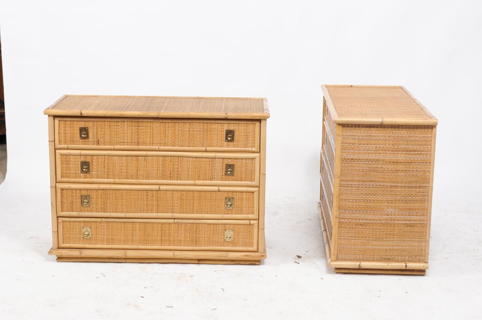 Pair of Southern French Vintage 1980s Raffia and Bamboo Four-Drawer Commodes In Good Condition In Atlanta, GA