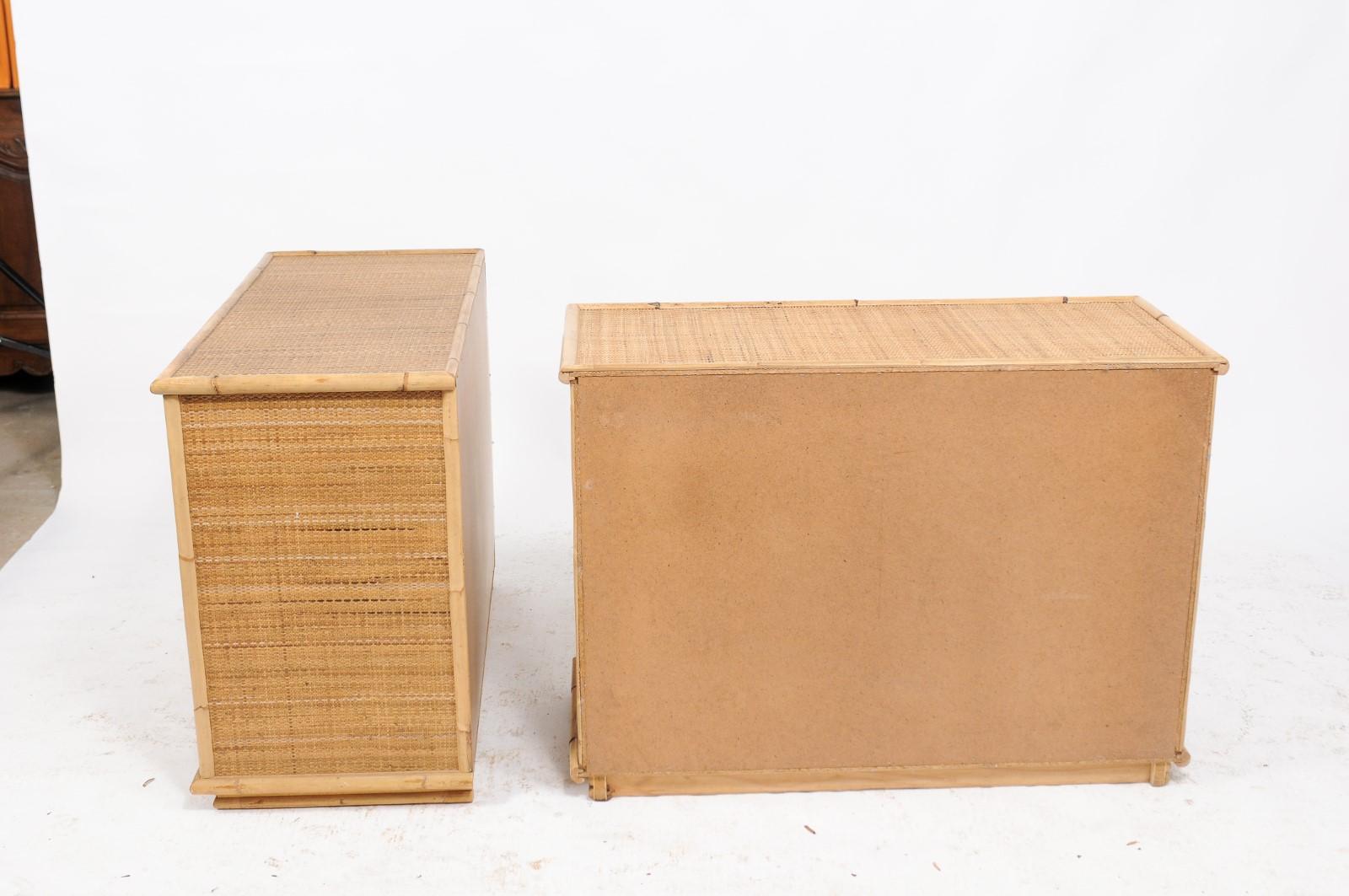 20th Century Pair of Southern French Vintage 1980s Raffia and Bamboo Four-Drawer Commodes