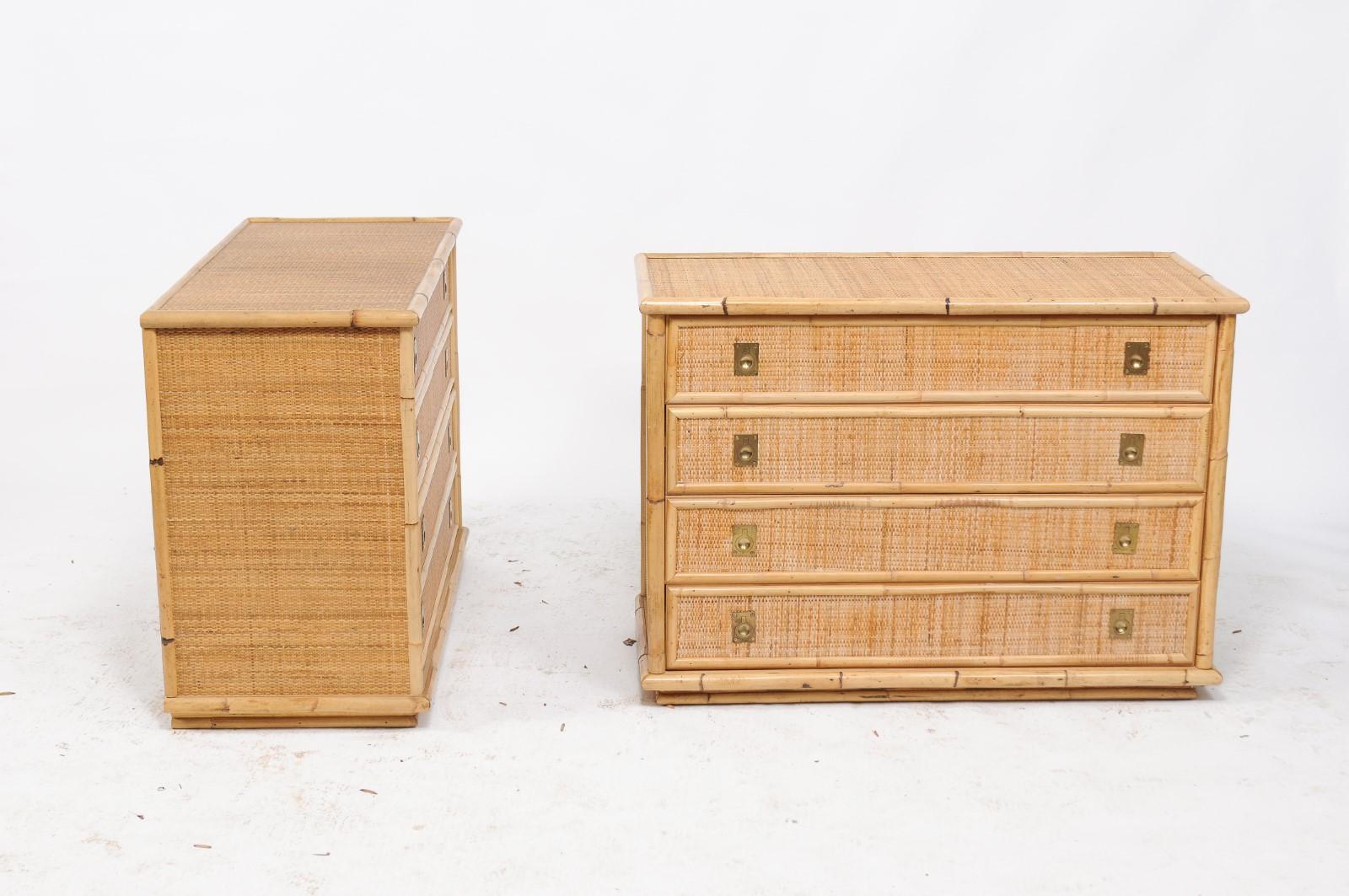 Pair of Southern French Vintage 1980s Raffia and Bamboo Four-Drawer Commodes 5