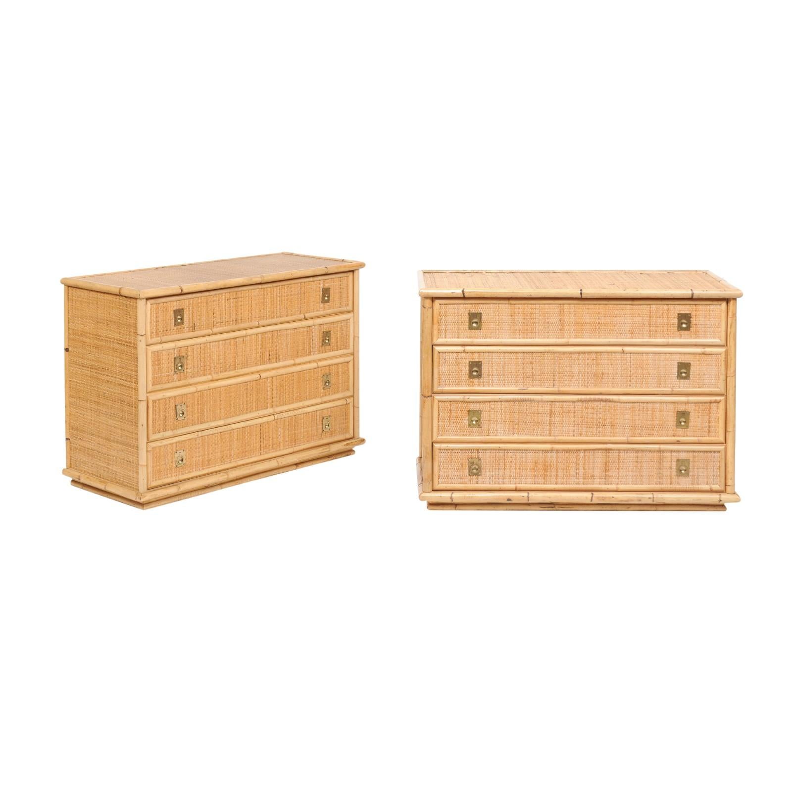 Pair of Southern French Vintage 1980s Raffia and Bamboo Four-Drawer Commodes