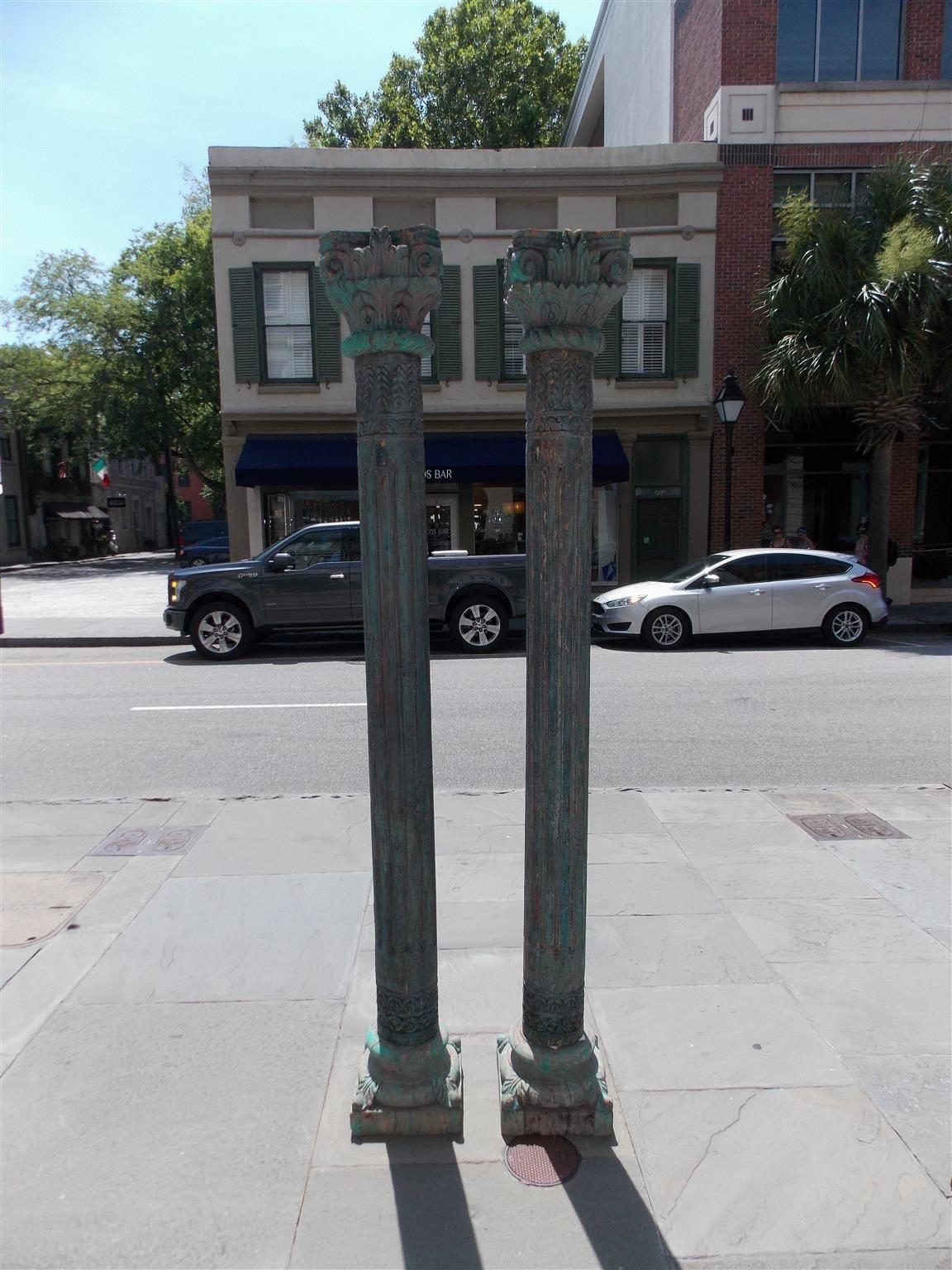 Wood Pair of Southwest Asian Poly Chromed Columns with Corinthian Capitals Circa 1820 For Sale