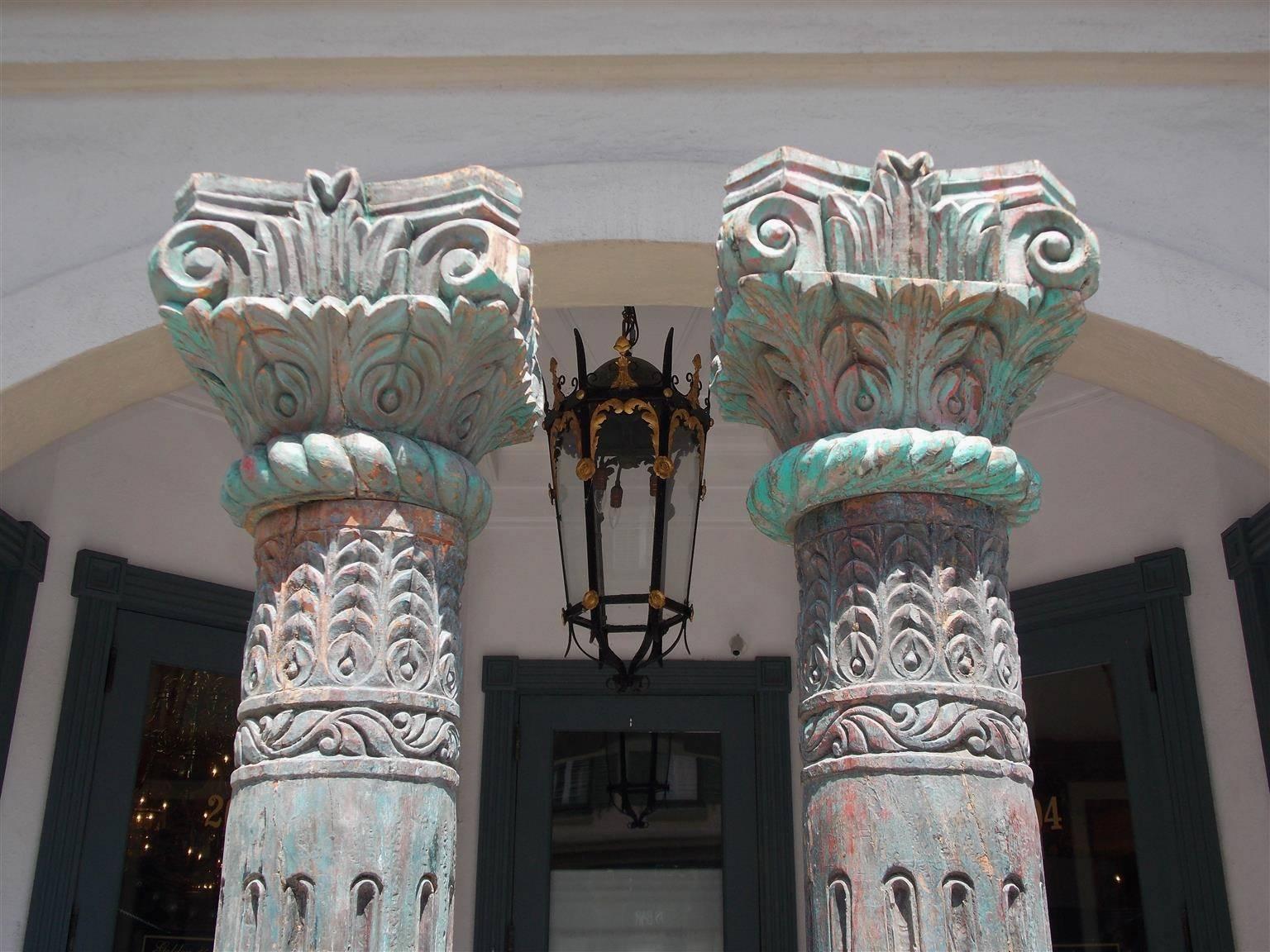 Greco Roman Pair of Southwest Asian Poly Chromed Columns with Corinthian Capitals Circa 1820 For Sale