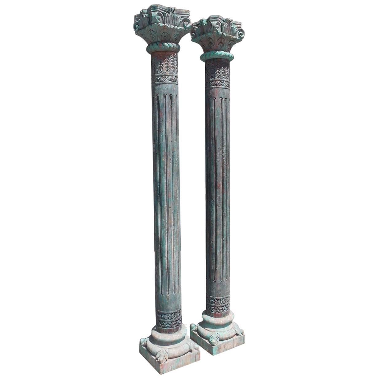 Pair of Southwest Asian Poly Chromed Columns with Corinthian Capitals Circa 1820
