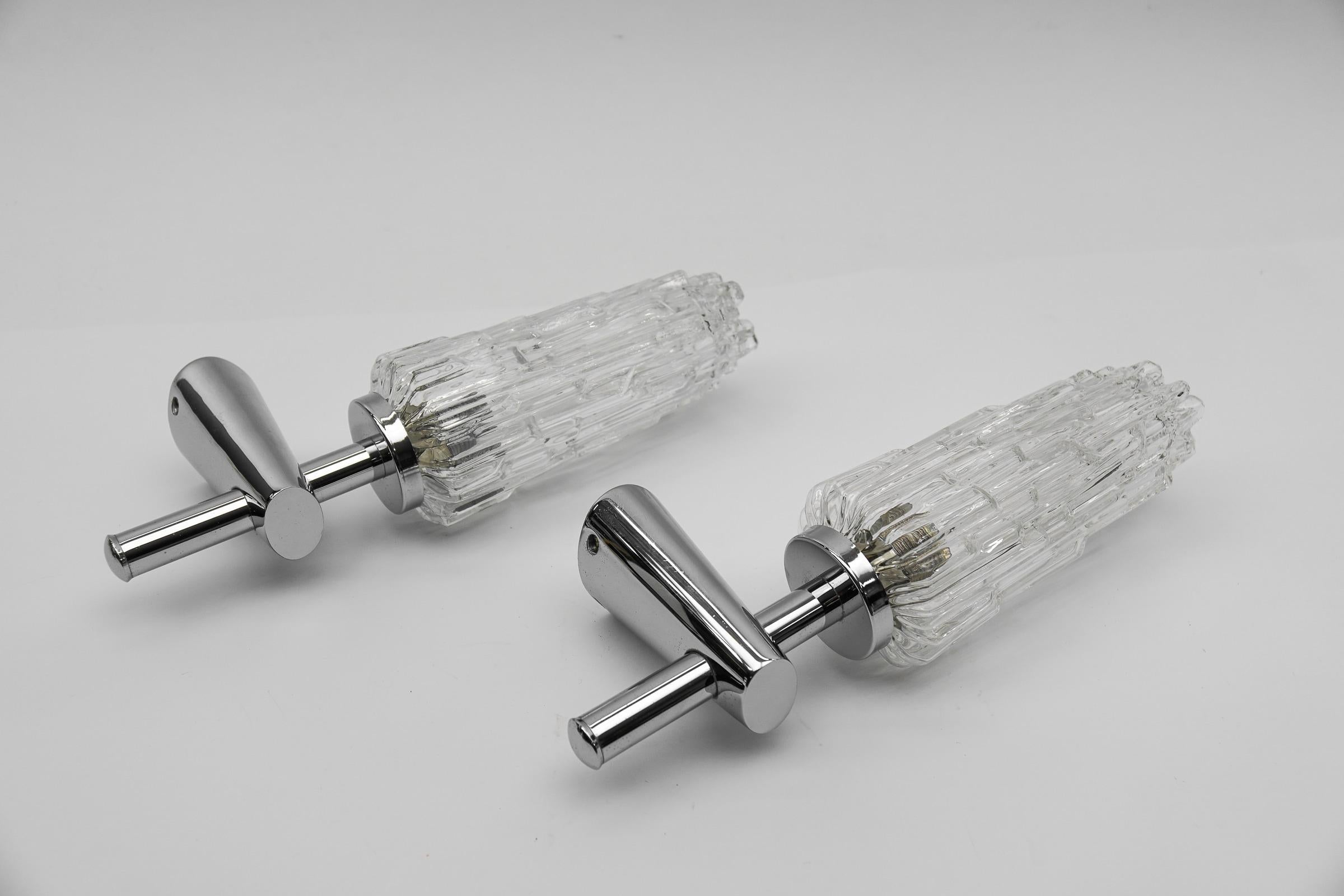 German Pair of Space Age 3D-Glass Chrome Wall Lamps, 1970s For Sale