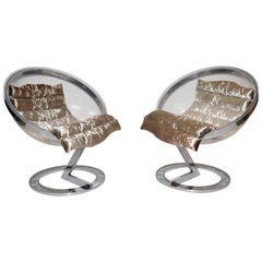 Pair of Space Age Acrylic Steel Bubble Lounge Chairs Manner of Daninos, Italy