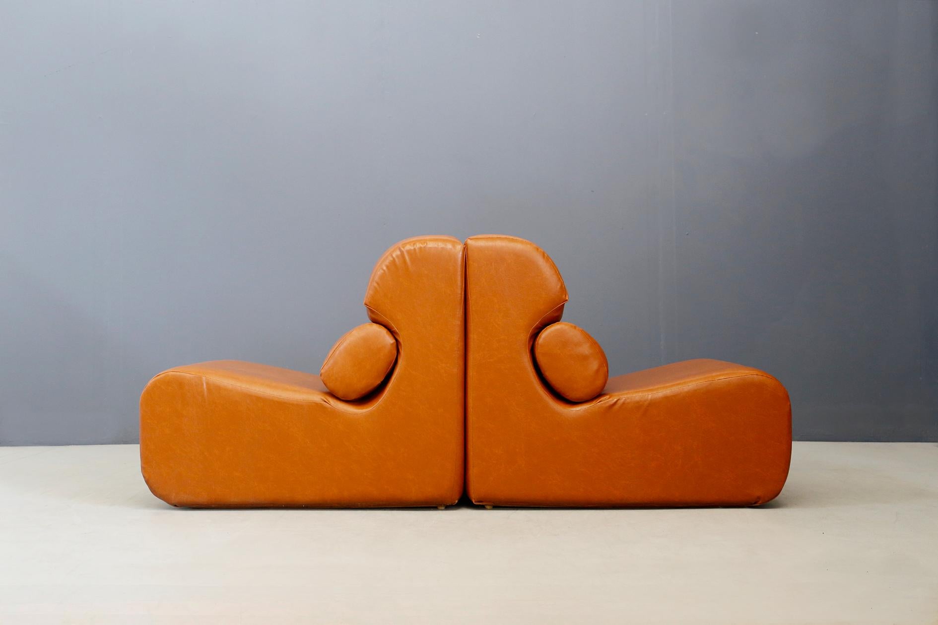 Italian Pair of Space Age Armchair in Semi-Skin Brown, 1970s