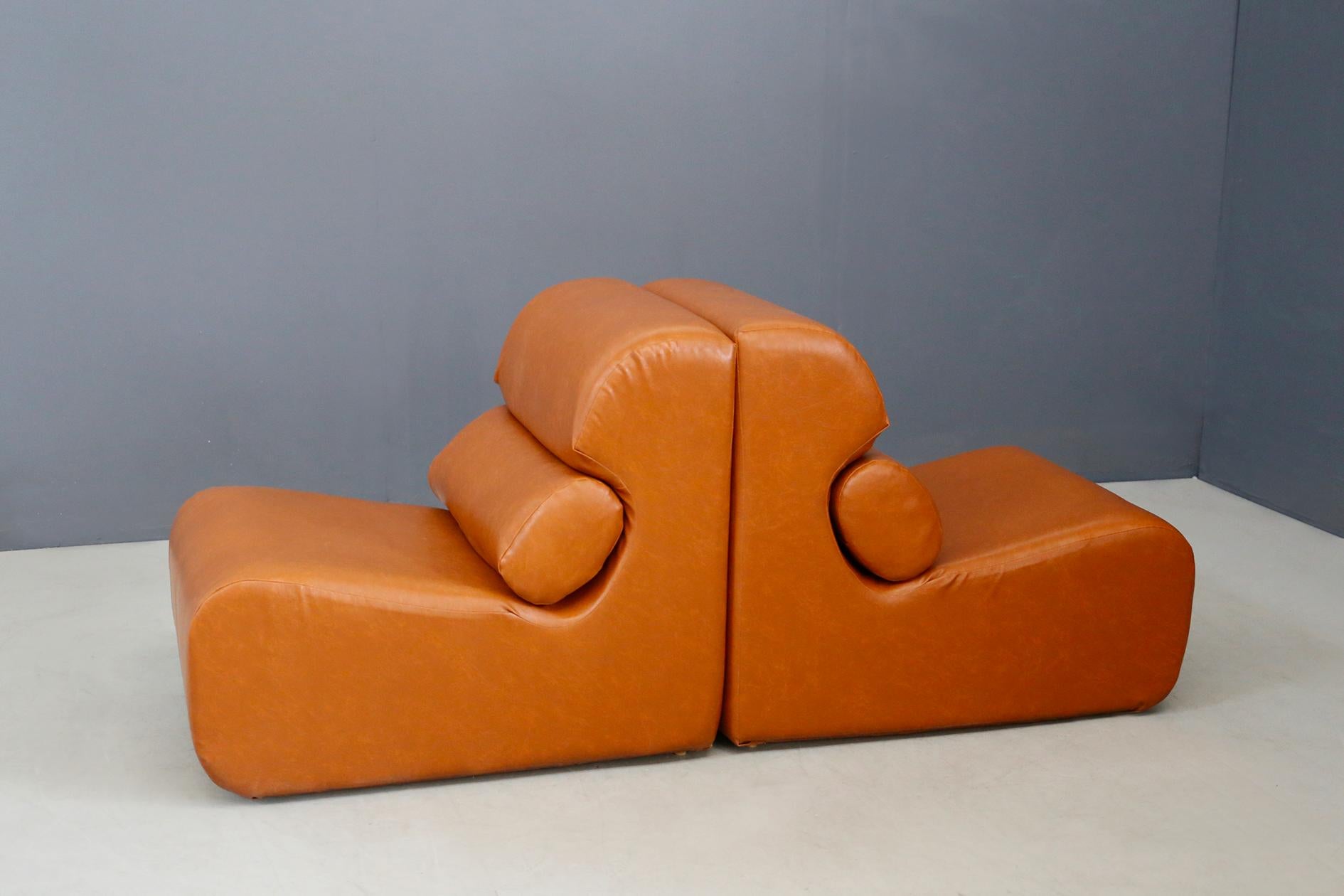 Leather Pair of Space Age Armchair in Semi-Skin Brown, 1970s