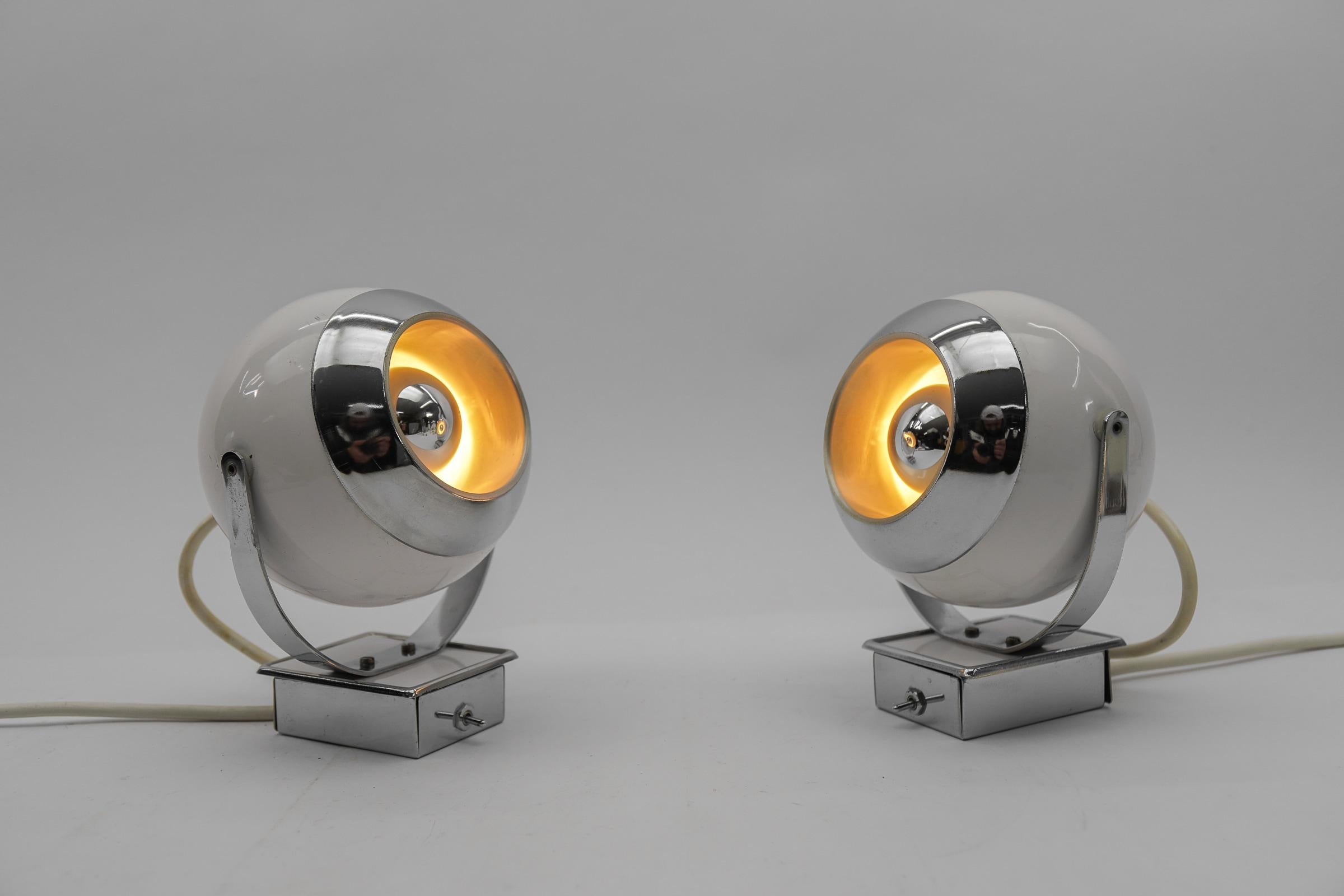 German Pair of Space Age Ball Wall Lamps in White and Chrome, 1970s For Sale