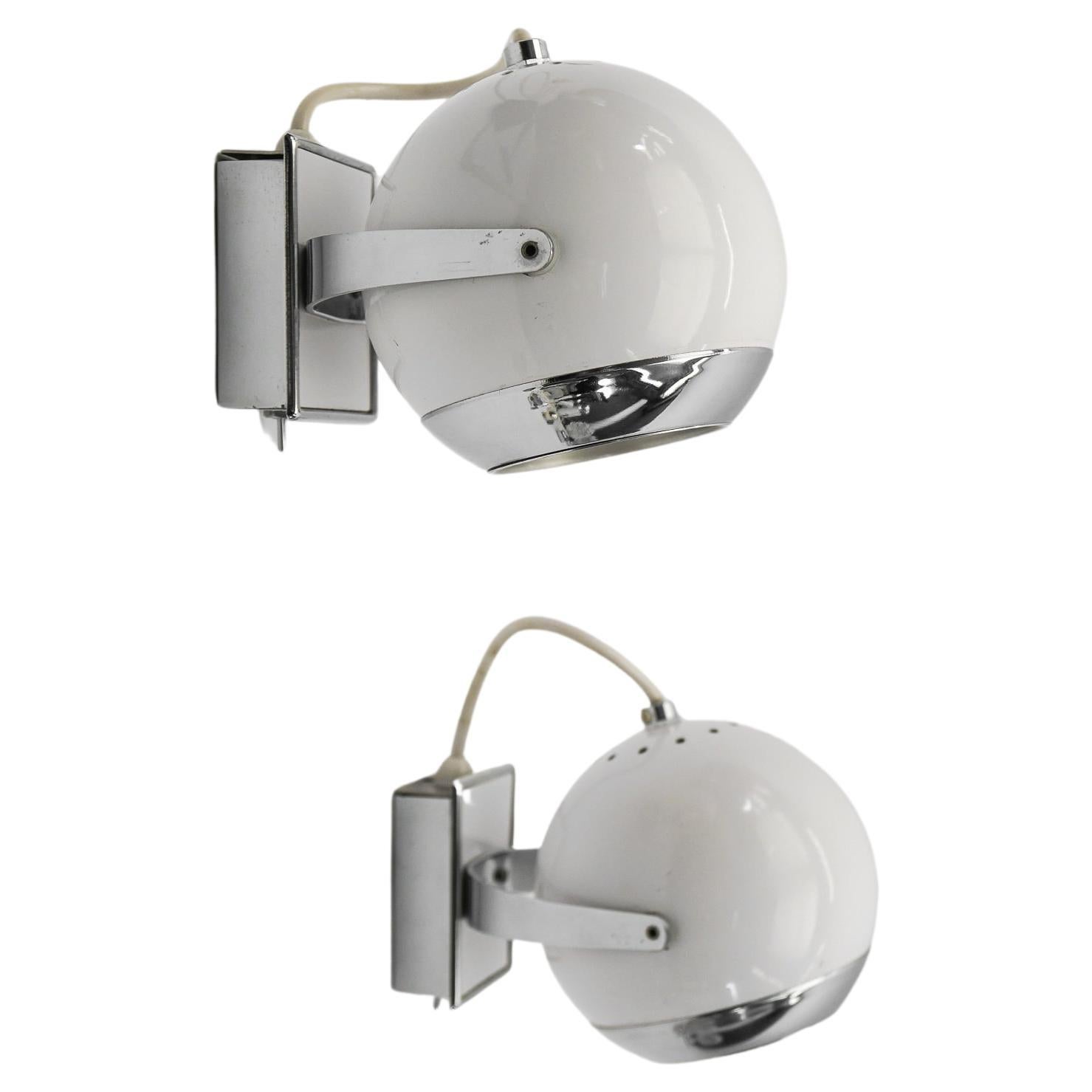 Pair of Space Age Ball Wall Lamps in White and Chrome, 1970s For Sale