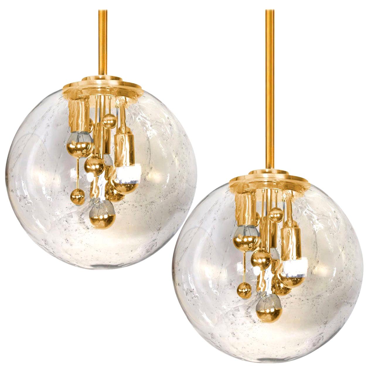 Pair of Space Age Brass and Blown Glass Lights by Doria, 1970s