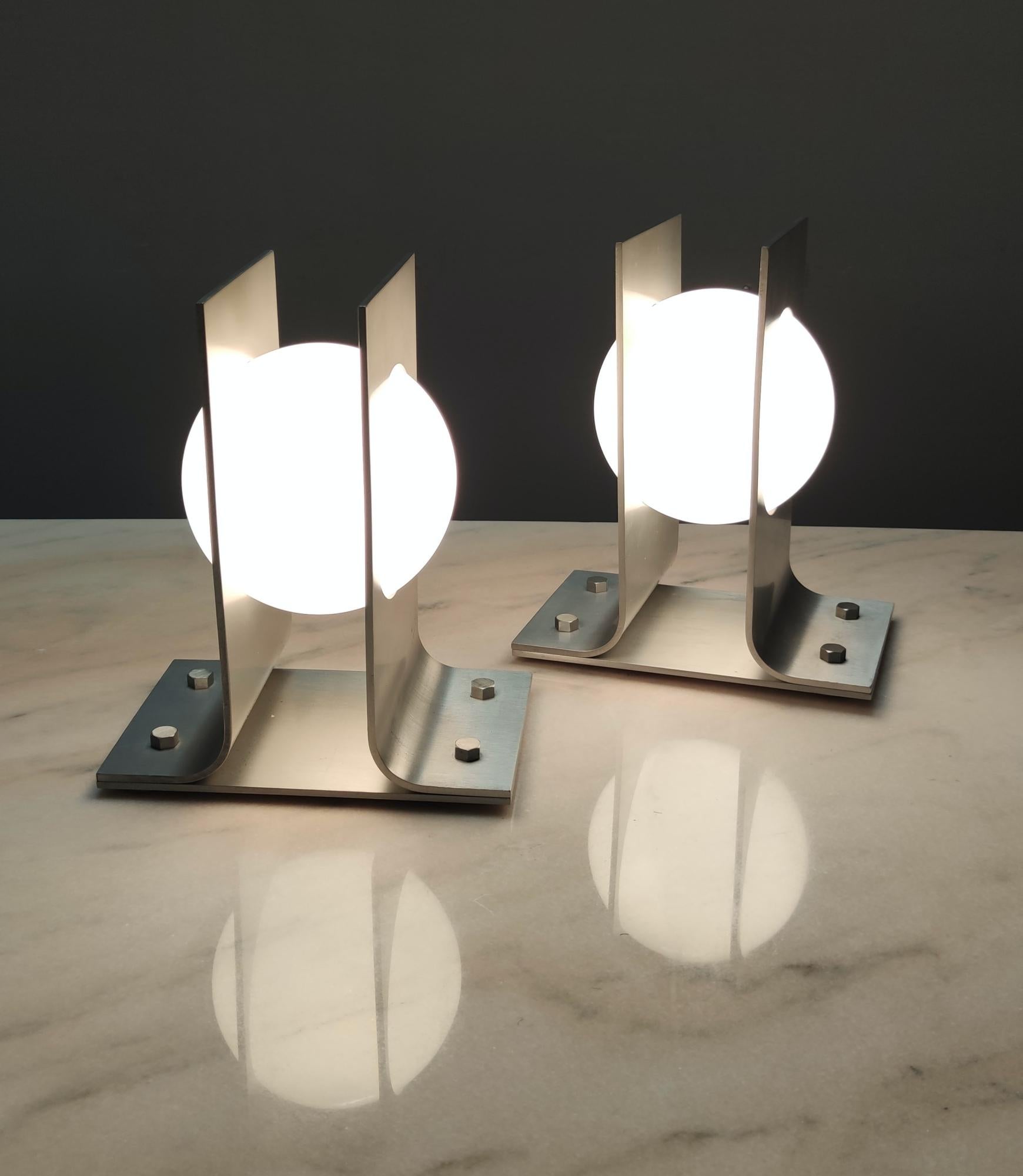 Italian Pair of Space Age Brushed Steel and Opaline Glass Sphere Table Lamps, Italy 1970