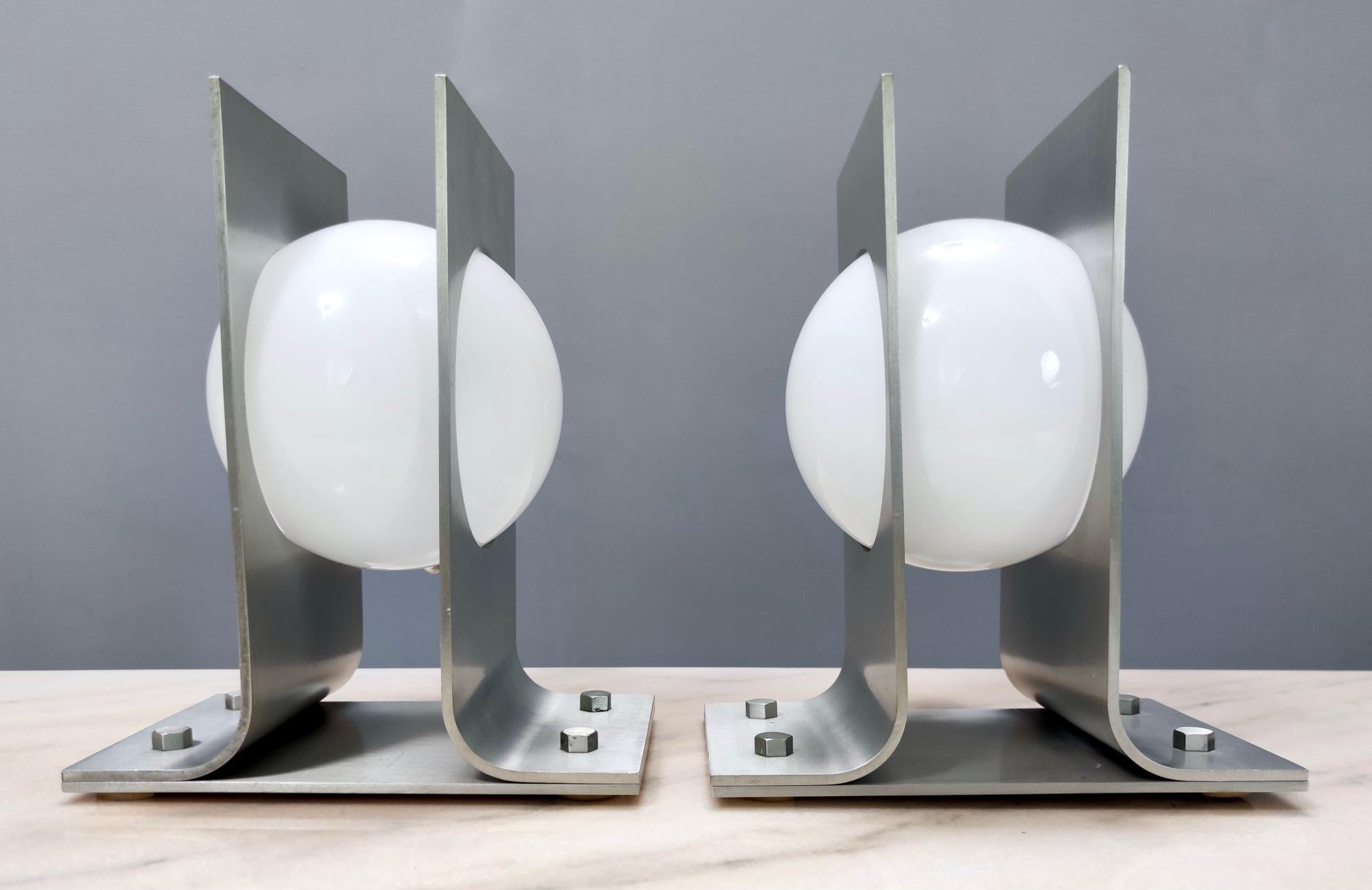Pair of Space Age Brushed Steel and Opaline Glass Sphere Table Lamps, Italy 1970 In Good Condition In Bresso, Lombardy