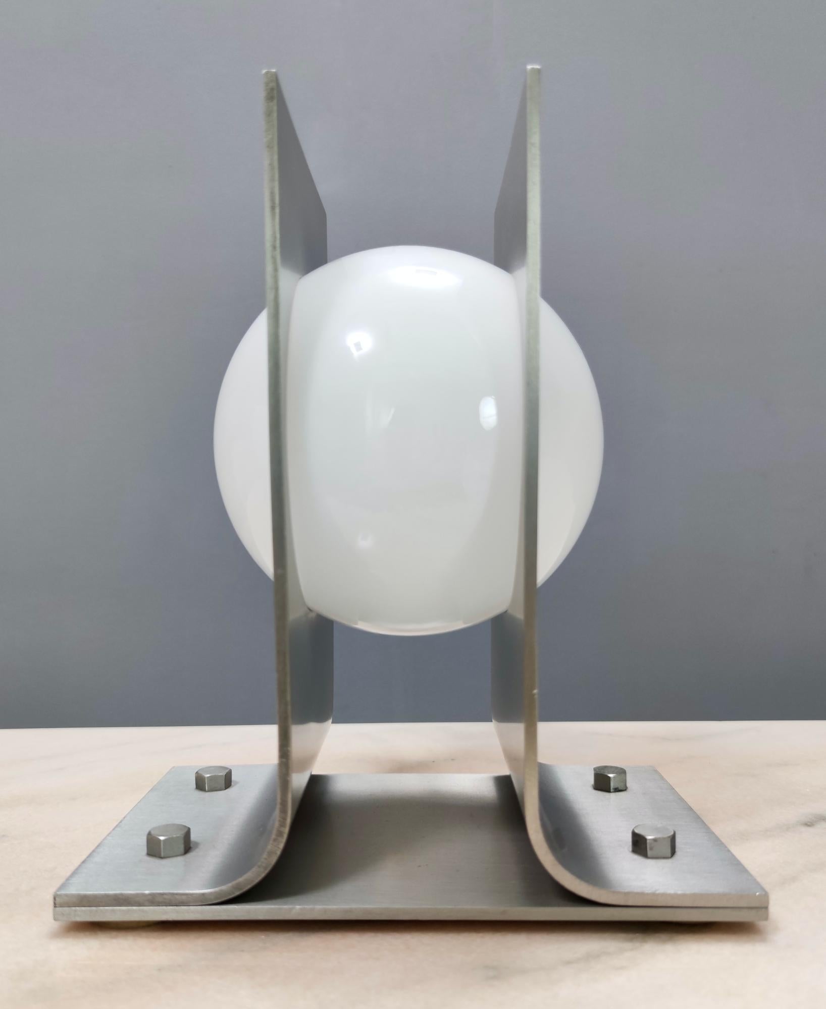 Pair of Space Age Brushed Steel and Opaline Glass Sphere Table Lamps, Italy 1970 1