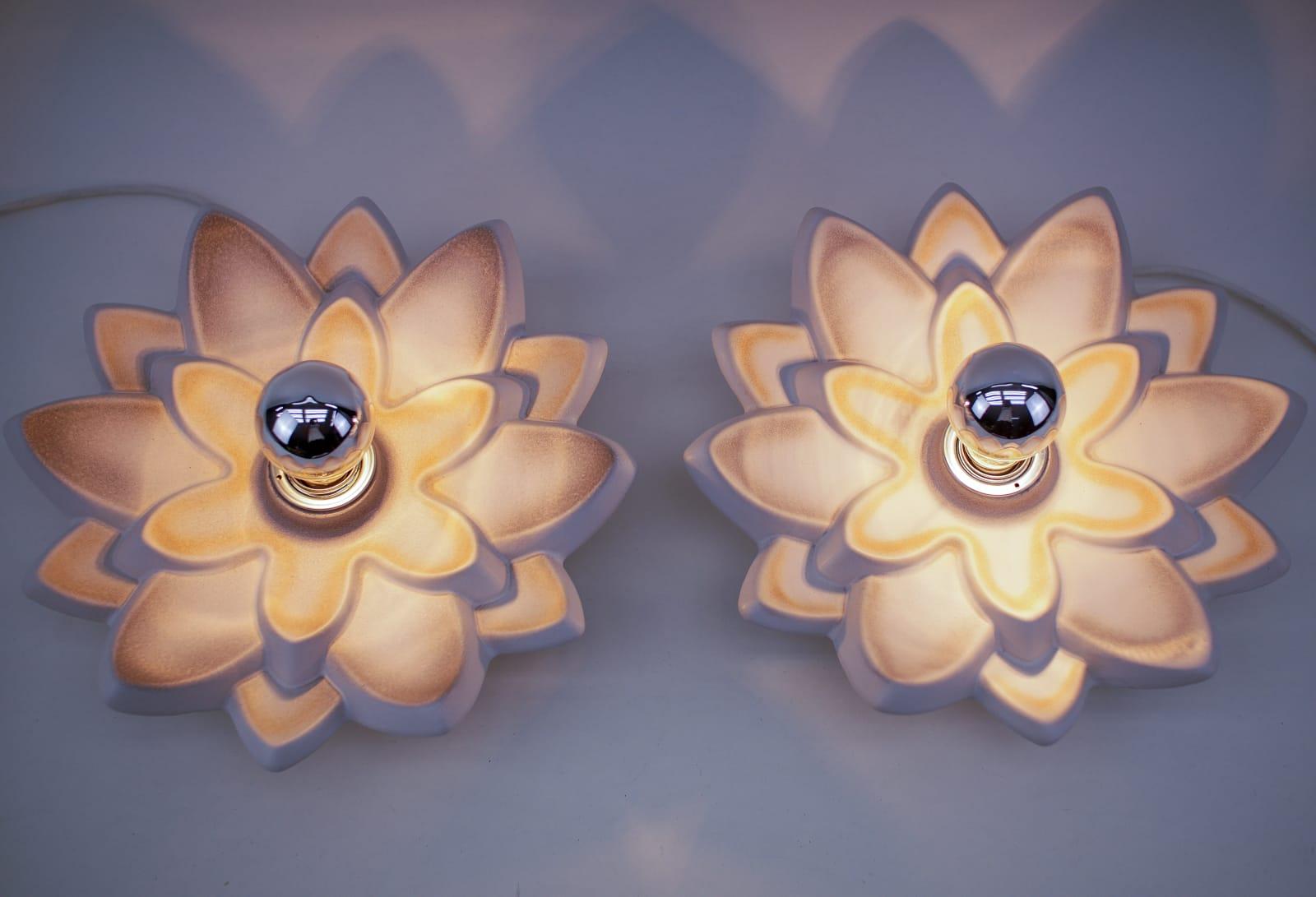 Mid-20th Century Pair of Space Age Ceramic Flower Wall or Ceiling Lamps, 1960s Germany For Sale