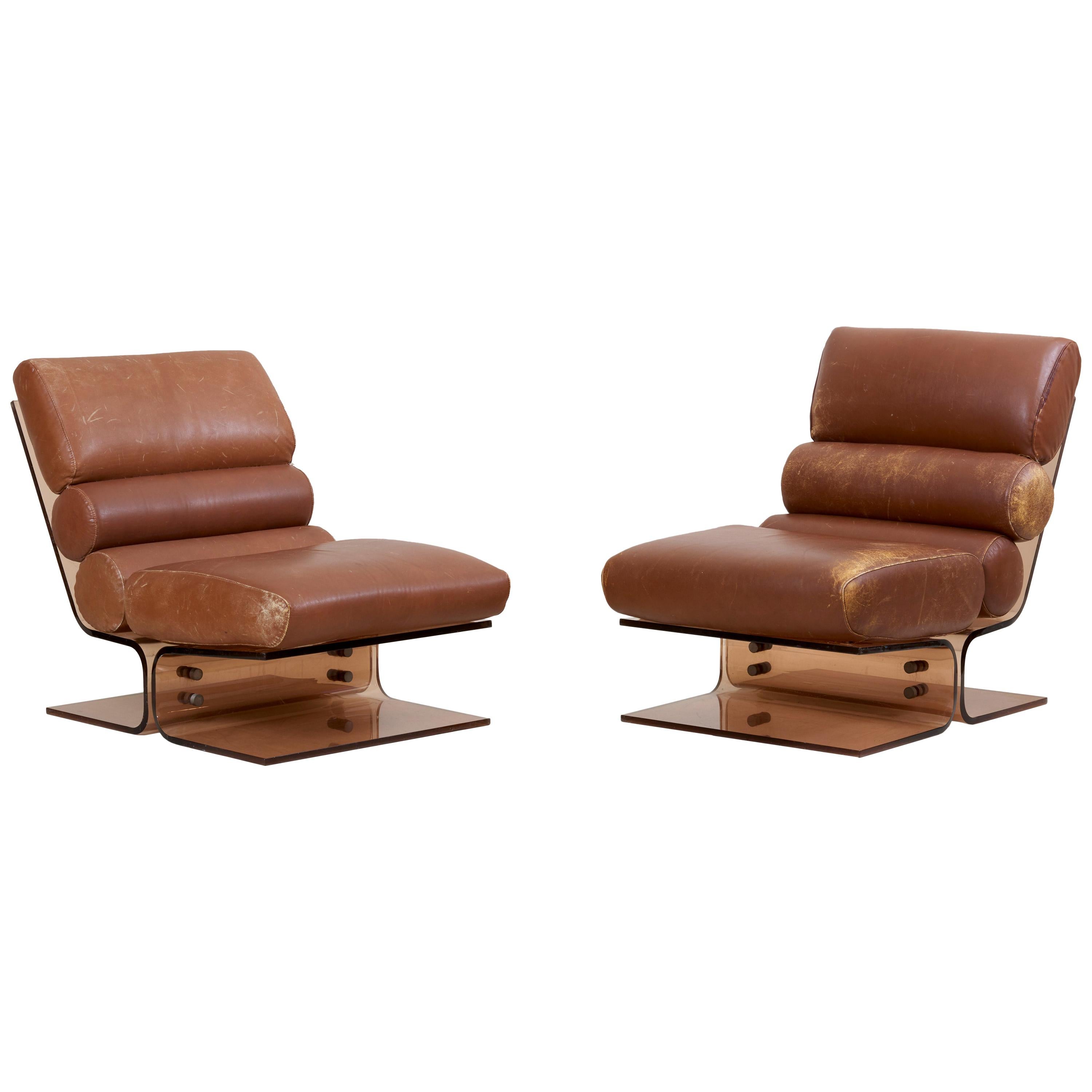 Pair of Space Age Lounge Chairs in Lucite and Leather, 1960s