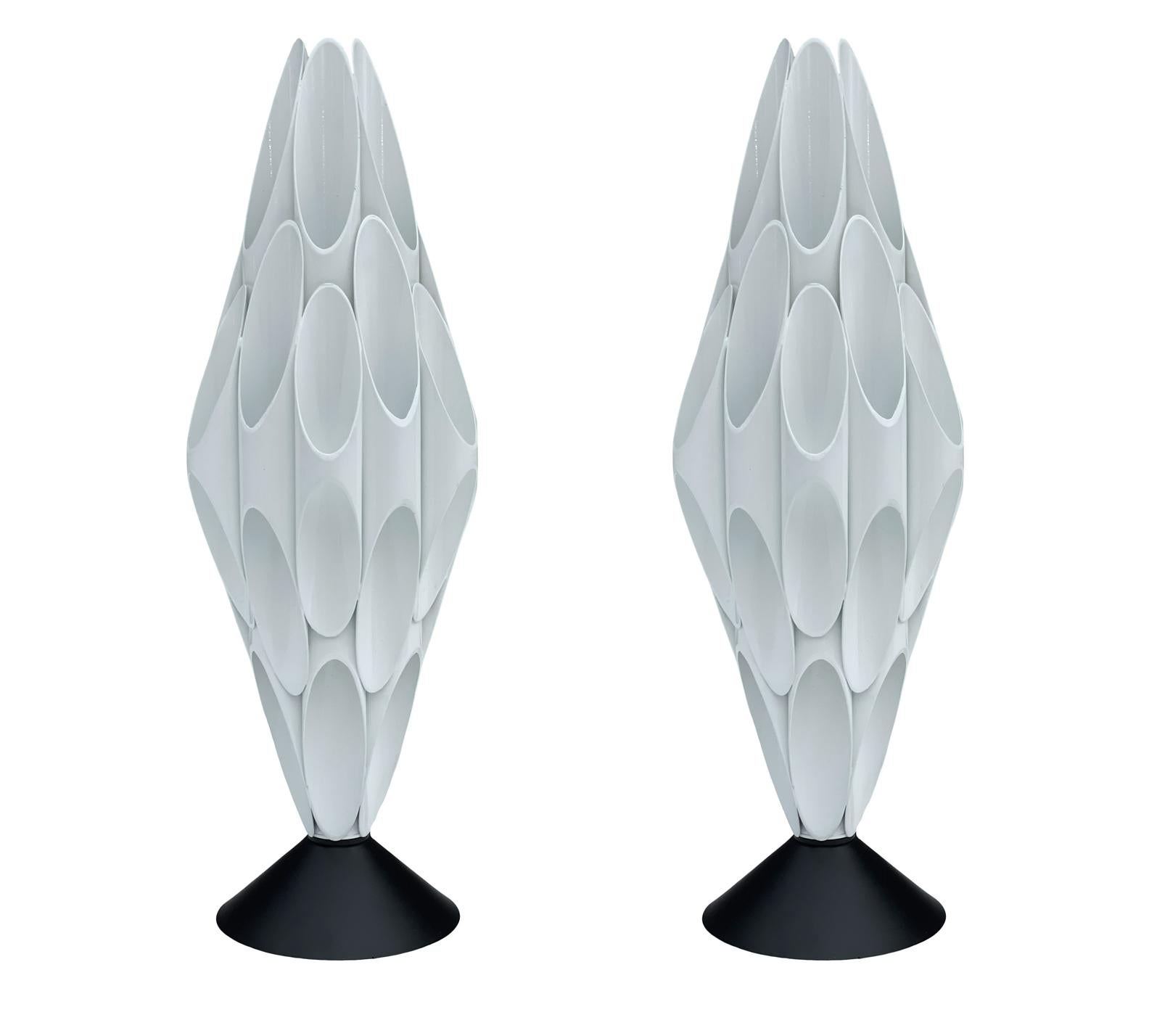 Pair of Space Age Post Modern Table Lamps in Black & White After Rougier In New Condition For Sale In Philadelphia, PA