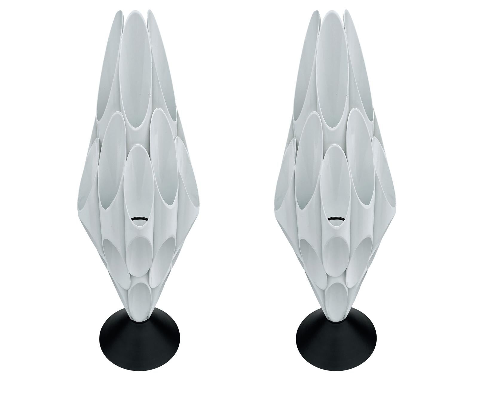 Brass Pair of Space Age Post Modern Table Lamps in Black & White After Rougier For Sale