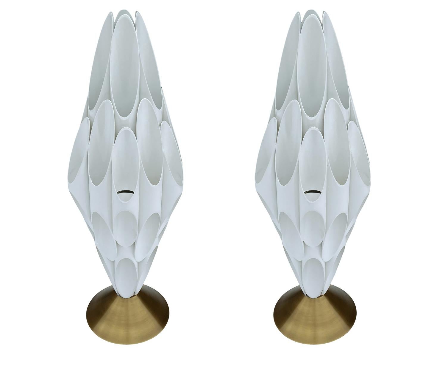 Pair of Space Age Post Modern Table Lamps in Gold & White After Rougier In New Condition For Sale In Philadelphia, PA