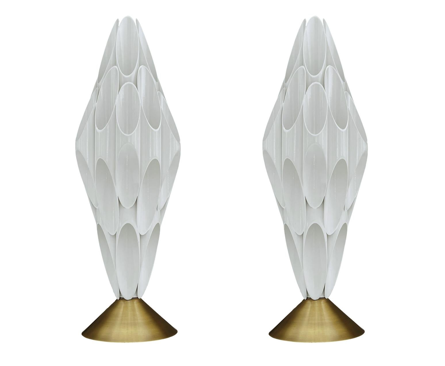 Brass Pair of Space Age Post Modern Table Lamps in Gold & White After Rougier For Sale