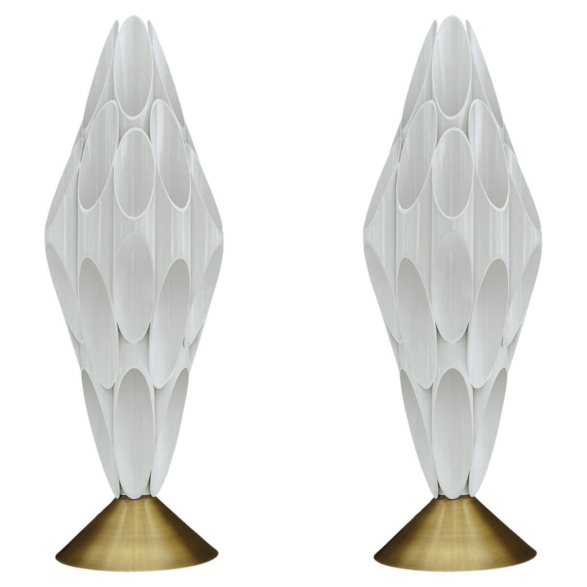 Pair of Space Age Post Modern Table Lamps in Gold & White After Rougier For Sale