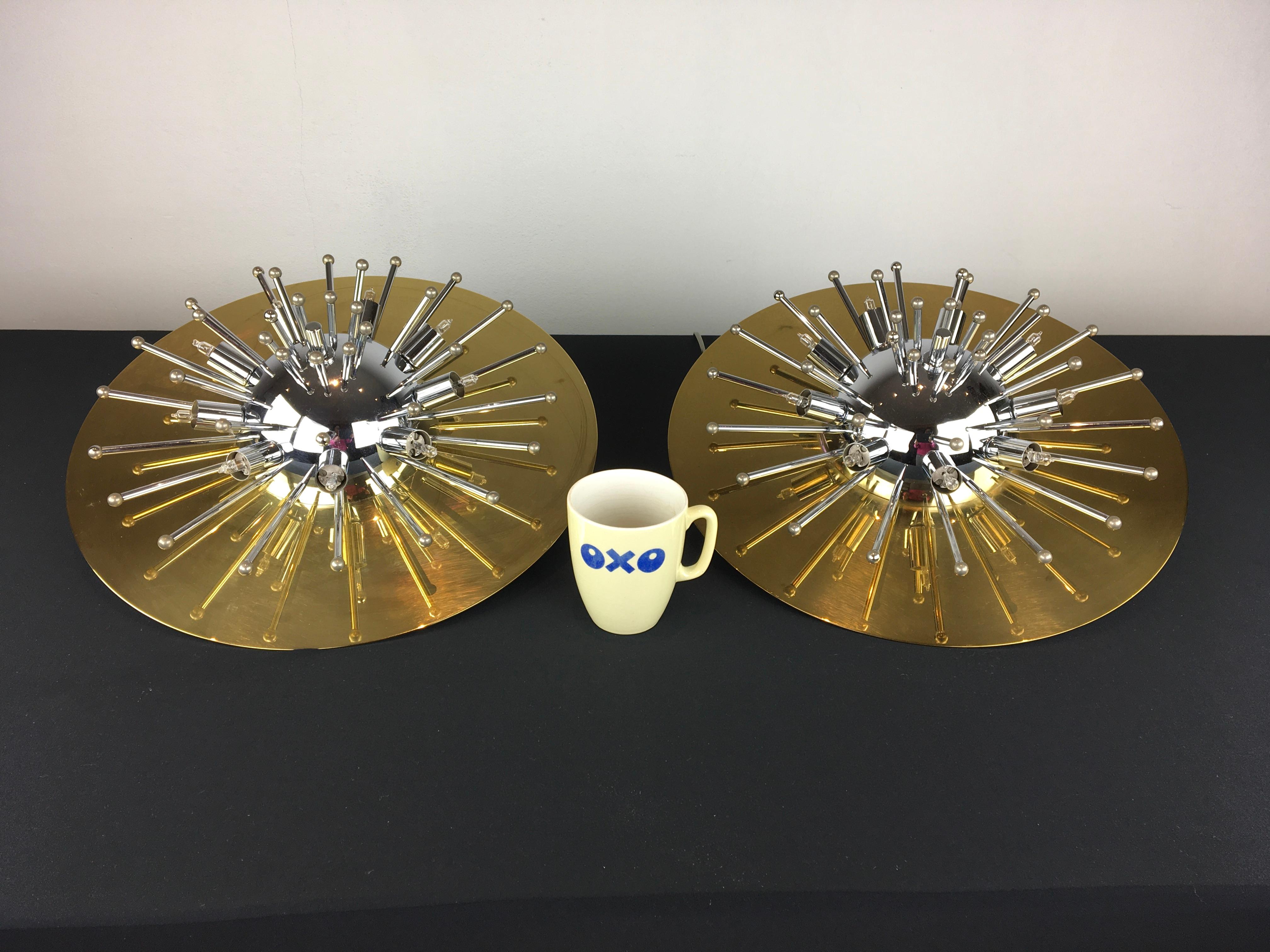 Pair of Space Age Sputnik Wall Lights or Flushmounts, Brass with Chrome, 1970s 5