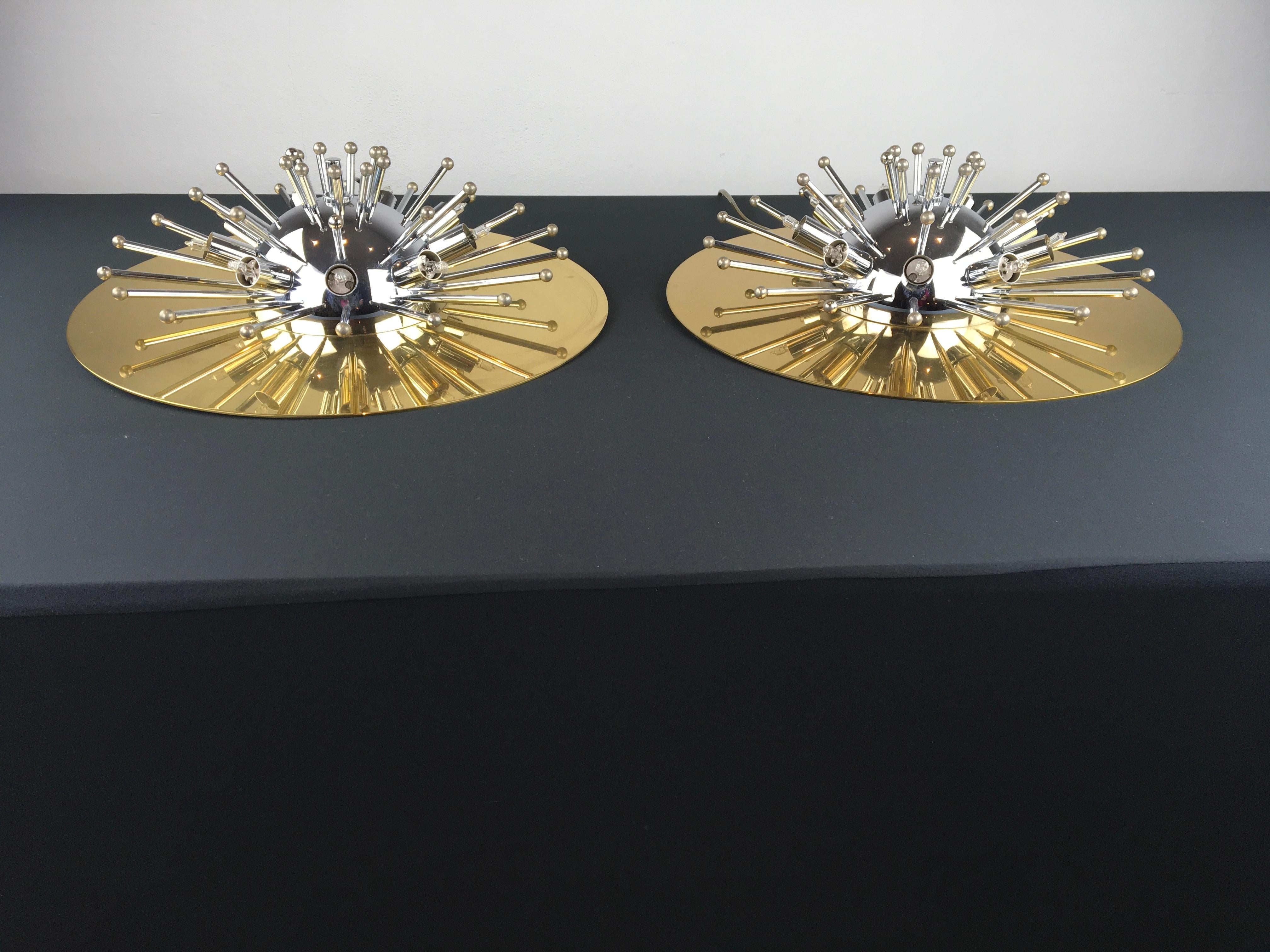 Pair of Space Age Sputnik Wall Lights or Flushmounts, Brass with Chrome, 1970s 6