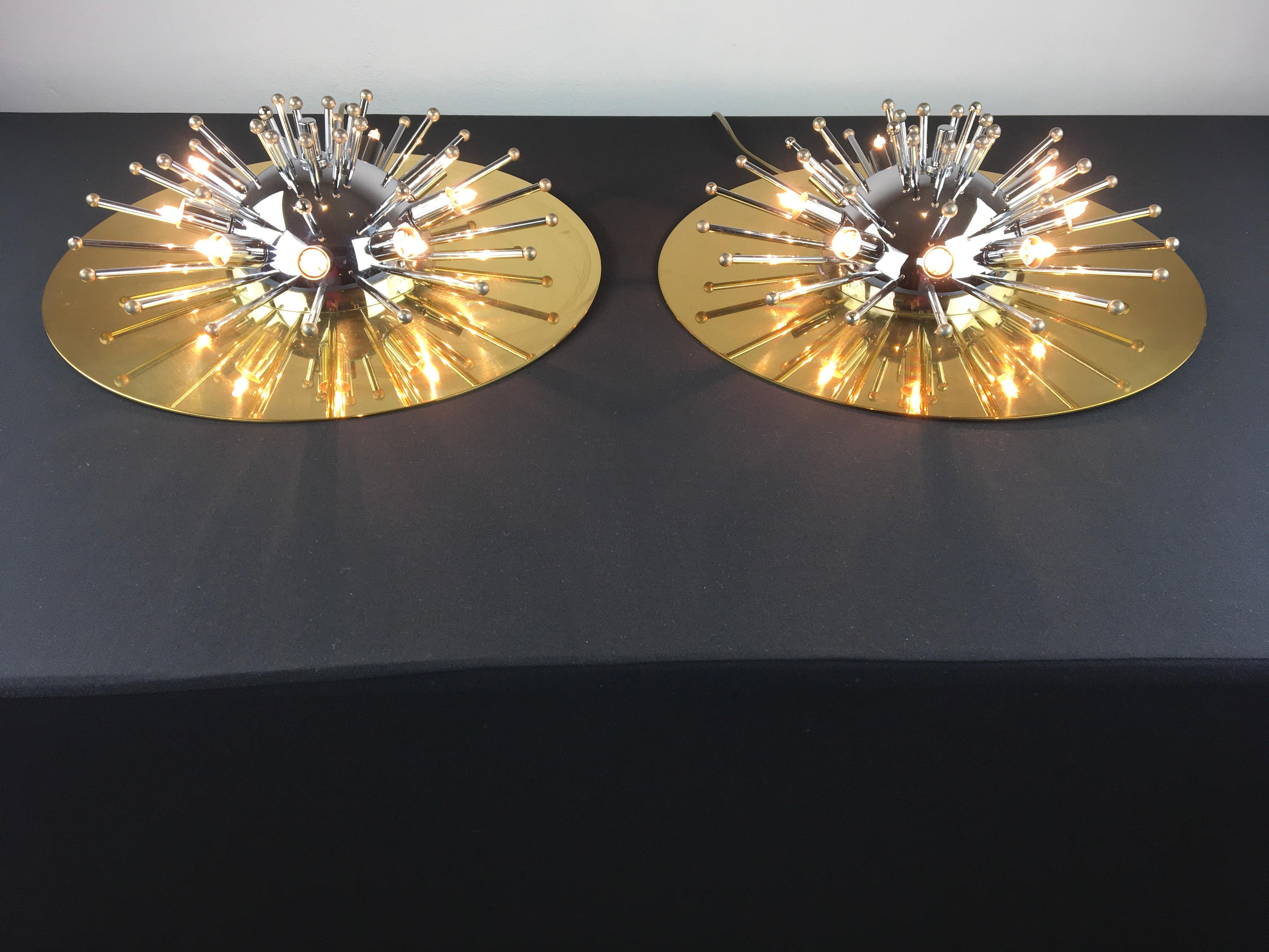 Pair of Space Age Sputnik Wall Lights or Flushmounts, Brass with Chrome, 1970s 7