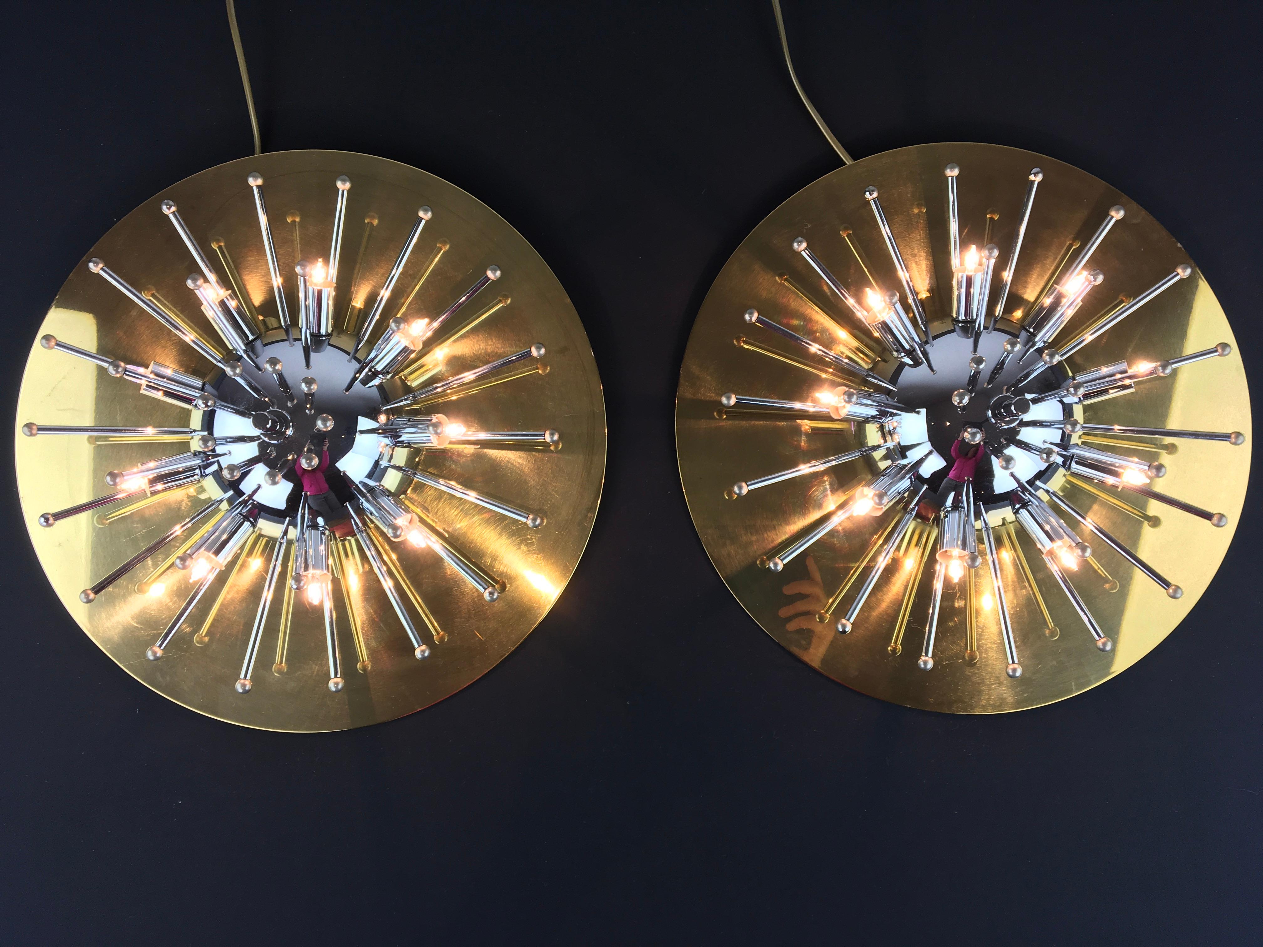 Pair of Space Age Sputnik Wall Lights or Flushmounts, Brass with Chrome, 1970s 12