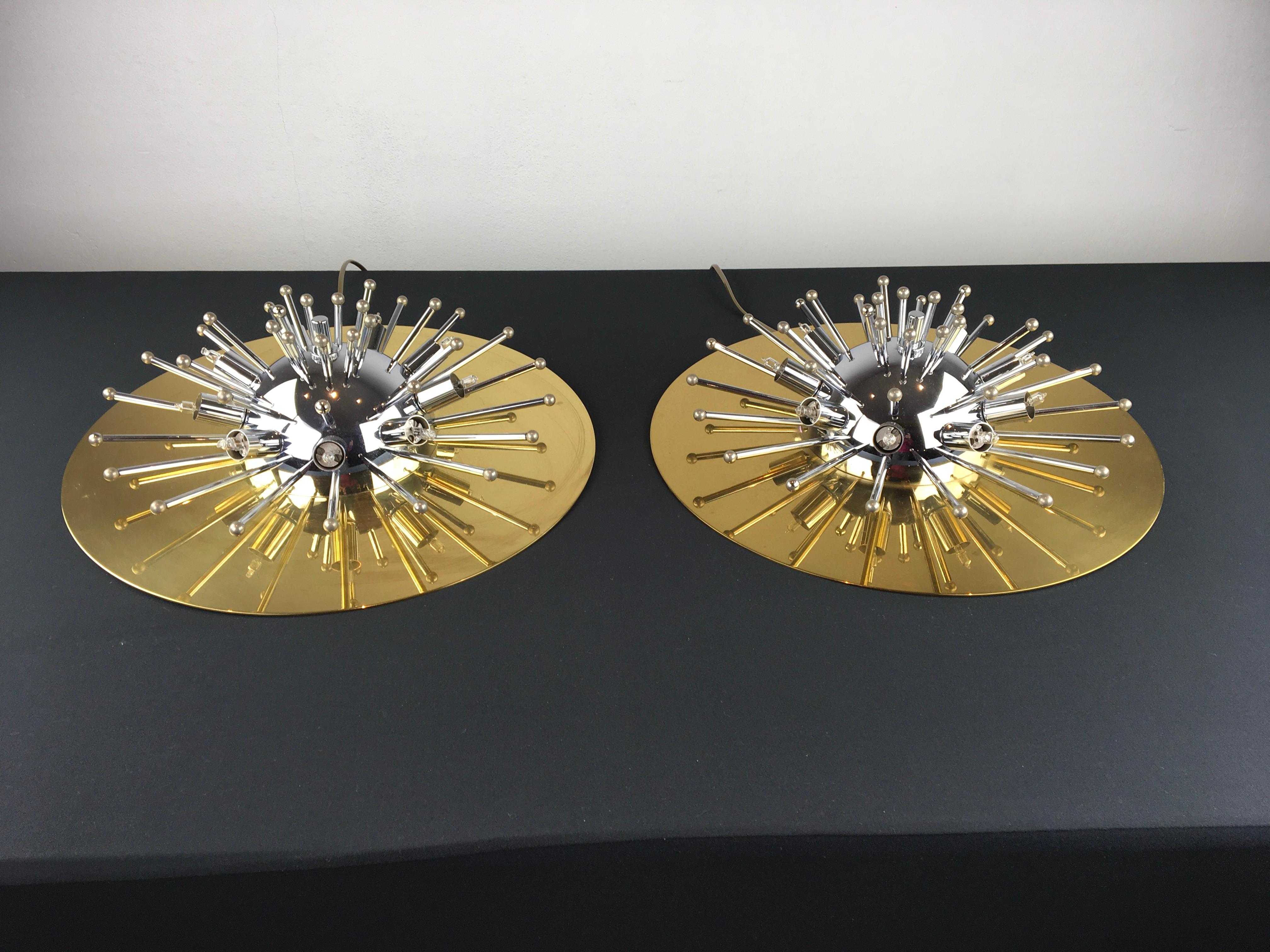 Pair of Space Age Sputnik Wall Lights or Flushmounts, Brass with Chrome, 1970s 15