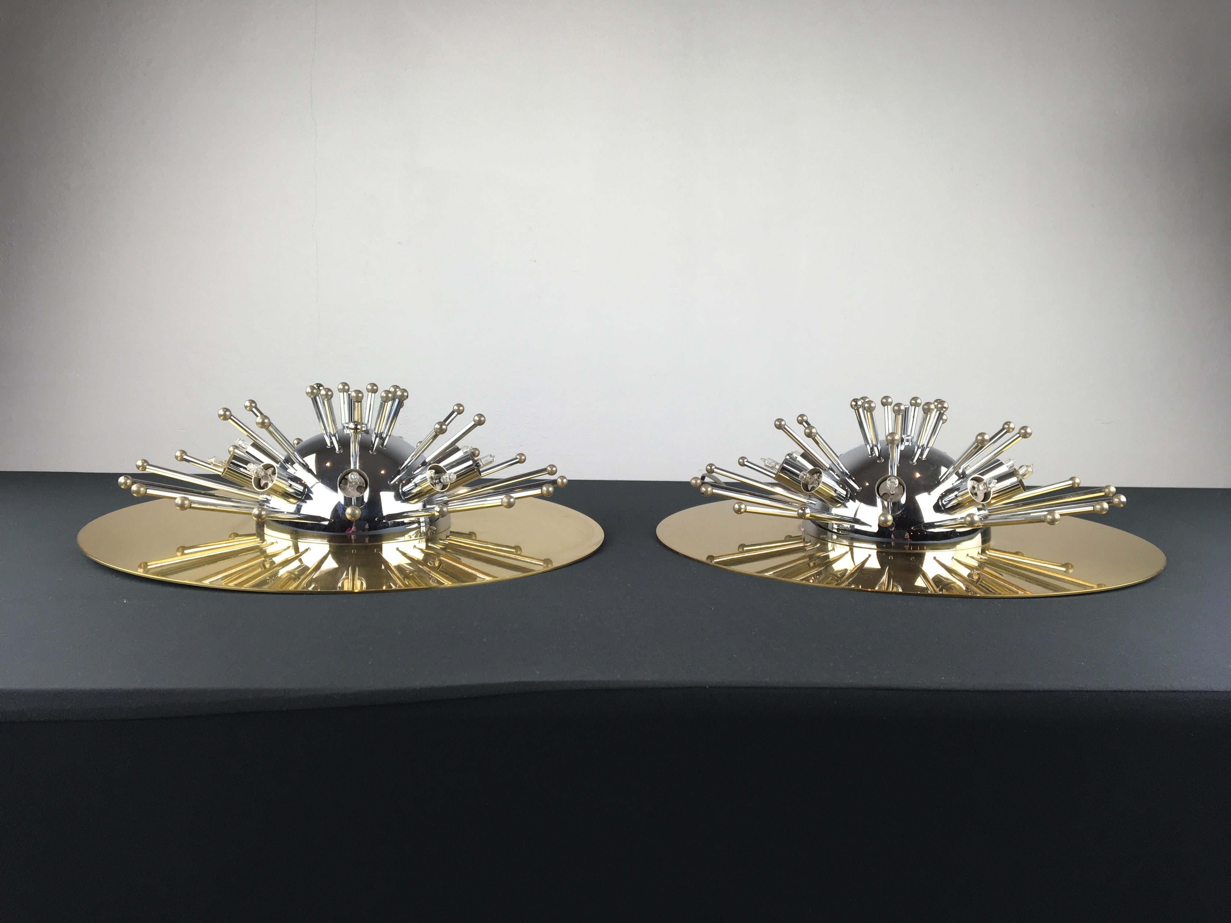 European Pair of Space Age Sputnik Wall Lights or Flushmounts, Brass with Chrome, 1970s