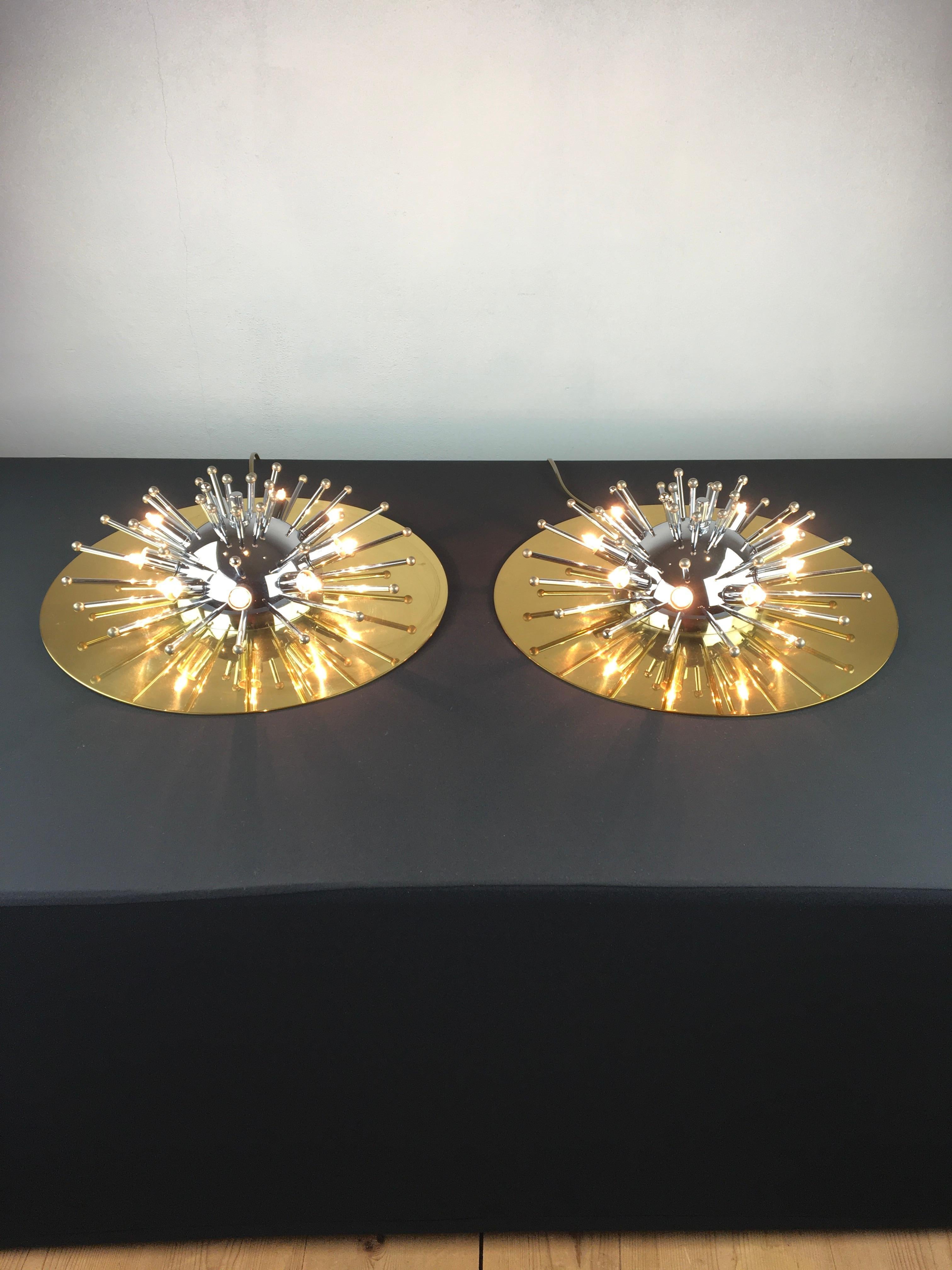 Pair of Space Age Sputnik Wall Lights or Flushmounts, Brass with Chrome, 1970s In Good Condition In Antwerp, BE