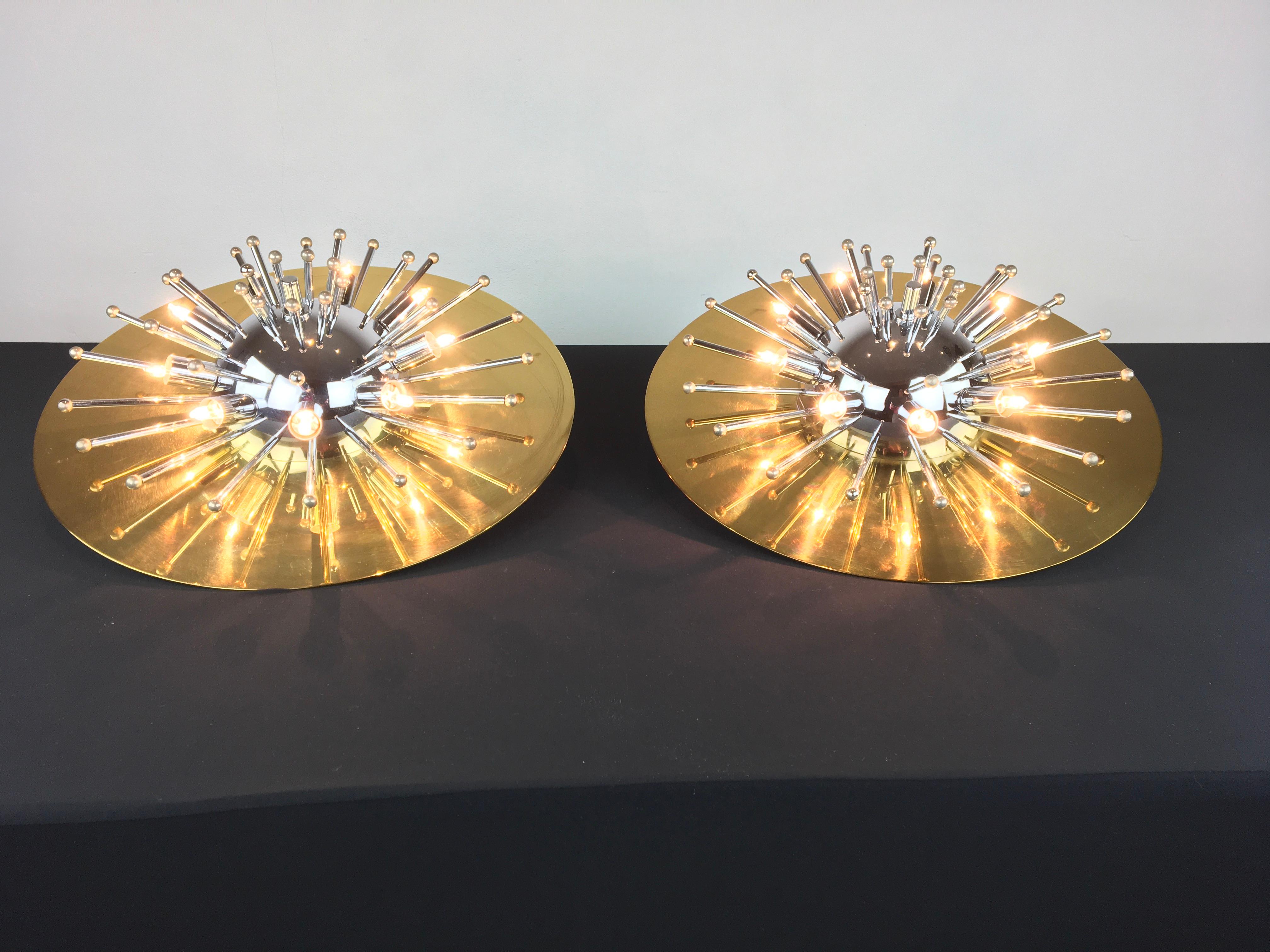Pair of Space Age Sputnik Wall Lights or Flushmounts, Brass with Chrome, 1970s 4