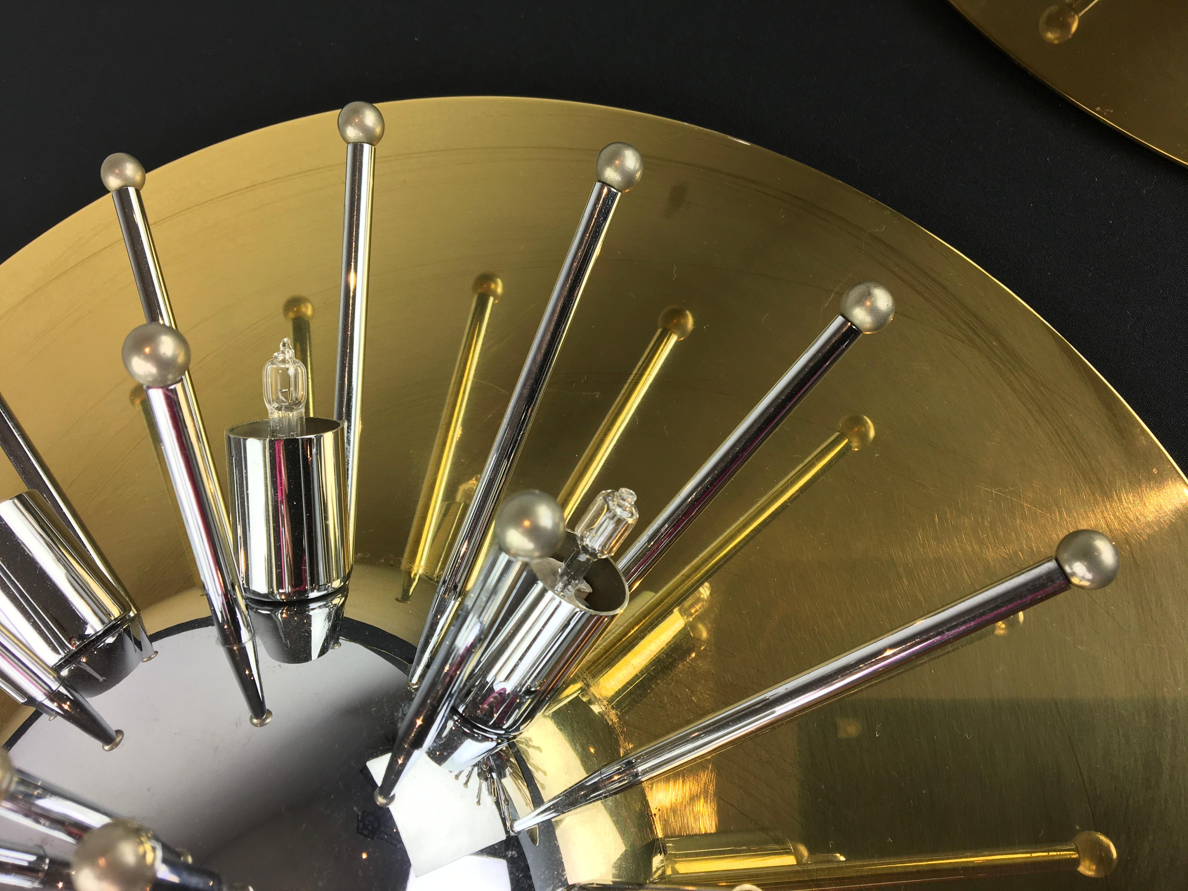 Pair of Space Age Sputnik Wall Lights or Flushmounts, Brass with Chrome, 1970s For Sale 9