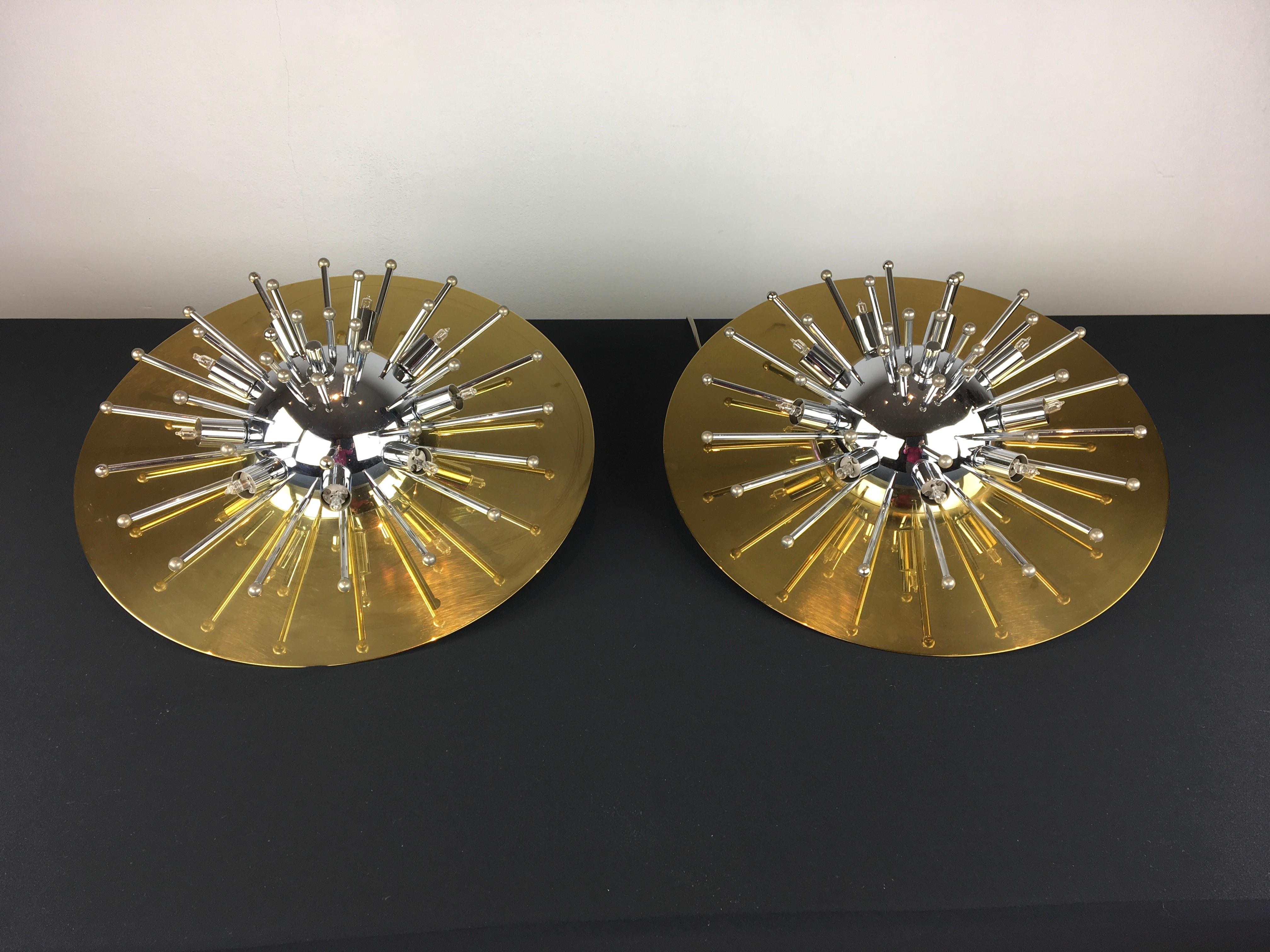 European Pair of Space Age Sputnik Wall Lights or Flushmounts, Brass with Chrome, 1970s For Sale
