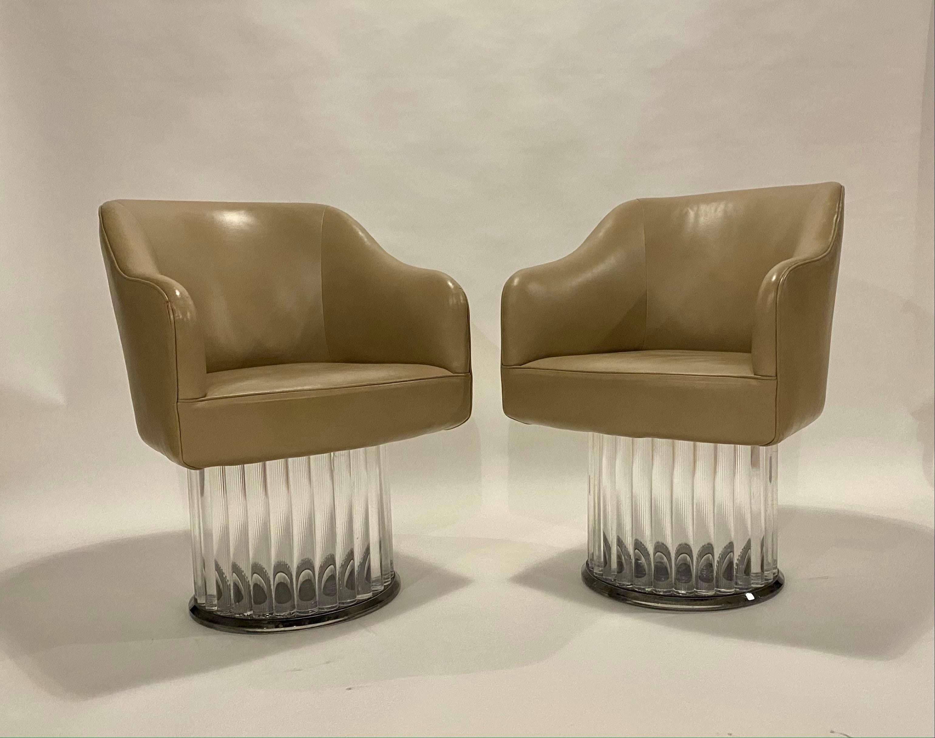 Pair of Space Age Swivel Arm Chairs on Lucite Base and Taupe Leather 5