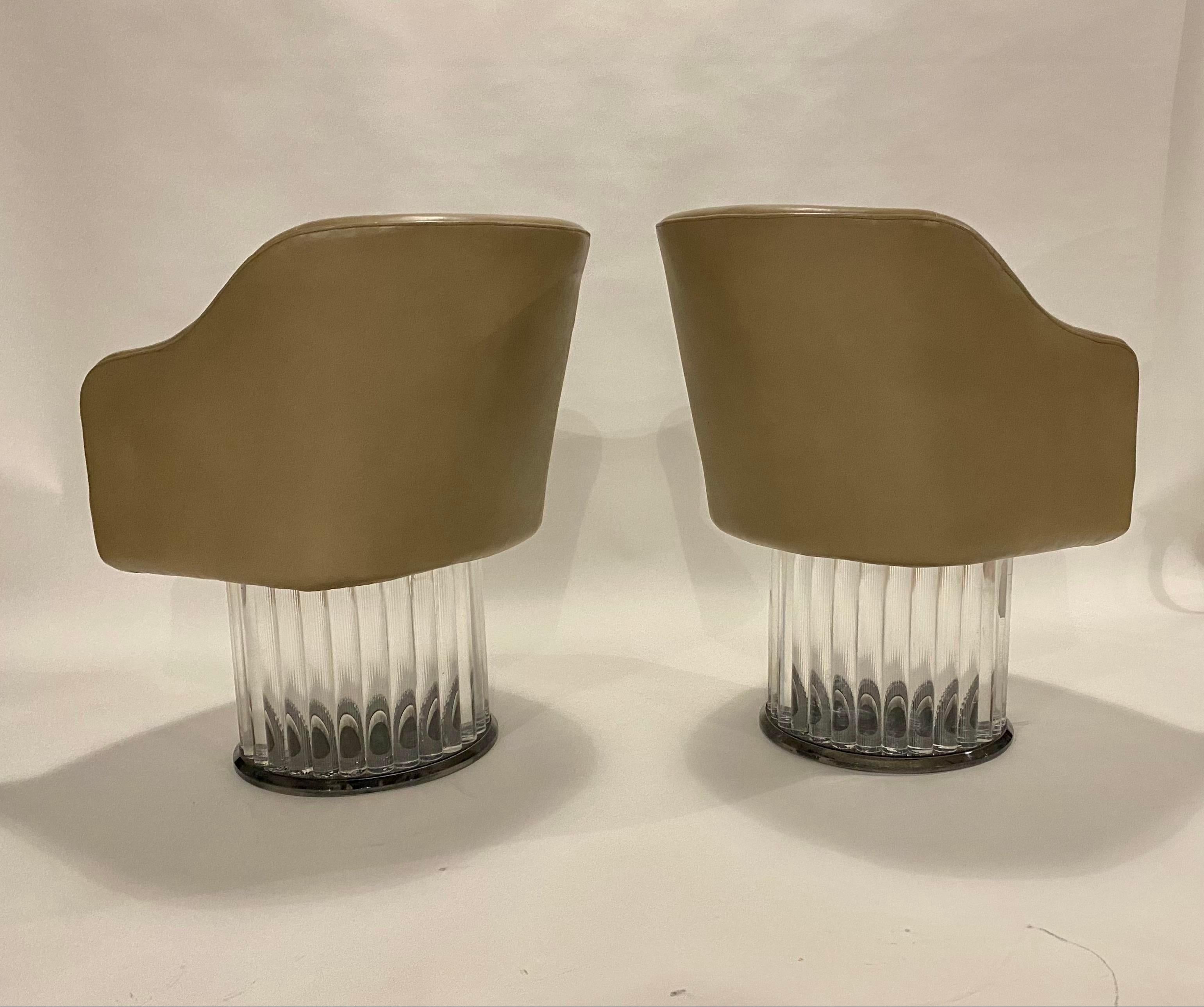 Pair of Space Age Swivel Arm Chairs on Lucite Base and Taupe Leather 6