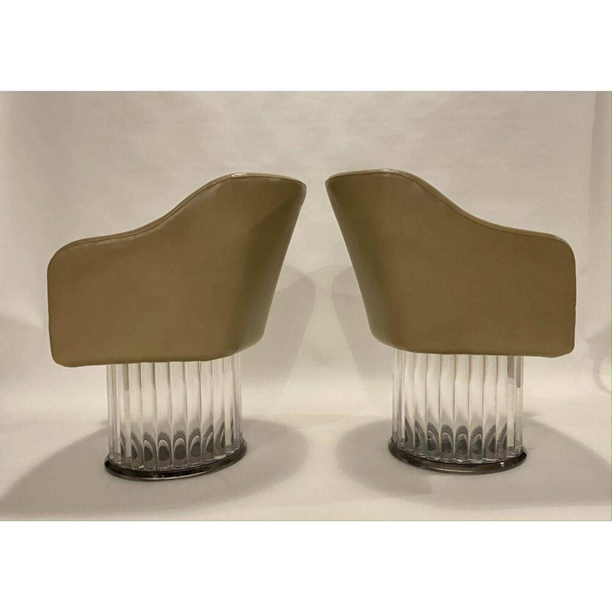 Modern Pair of Space Age Swivel Arm Chairs on Lucite Base and Taupe Leather