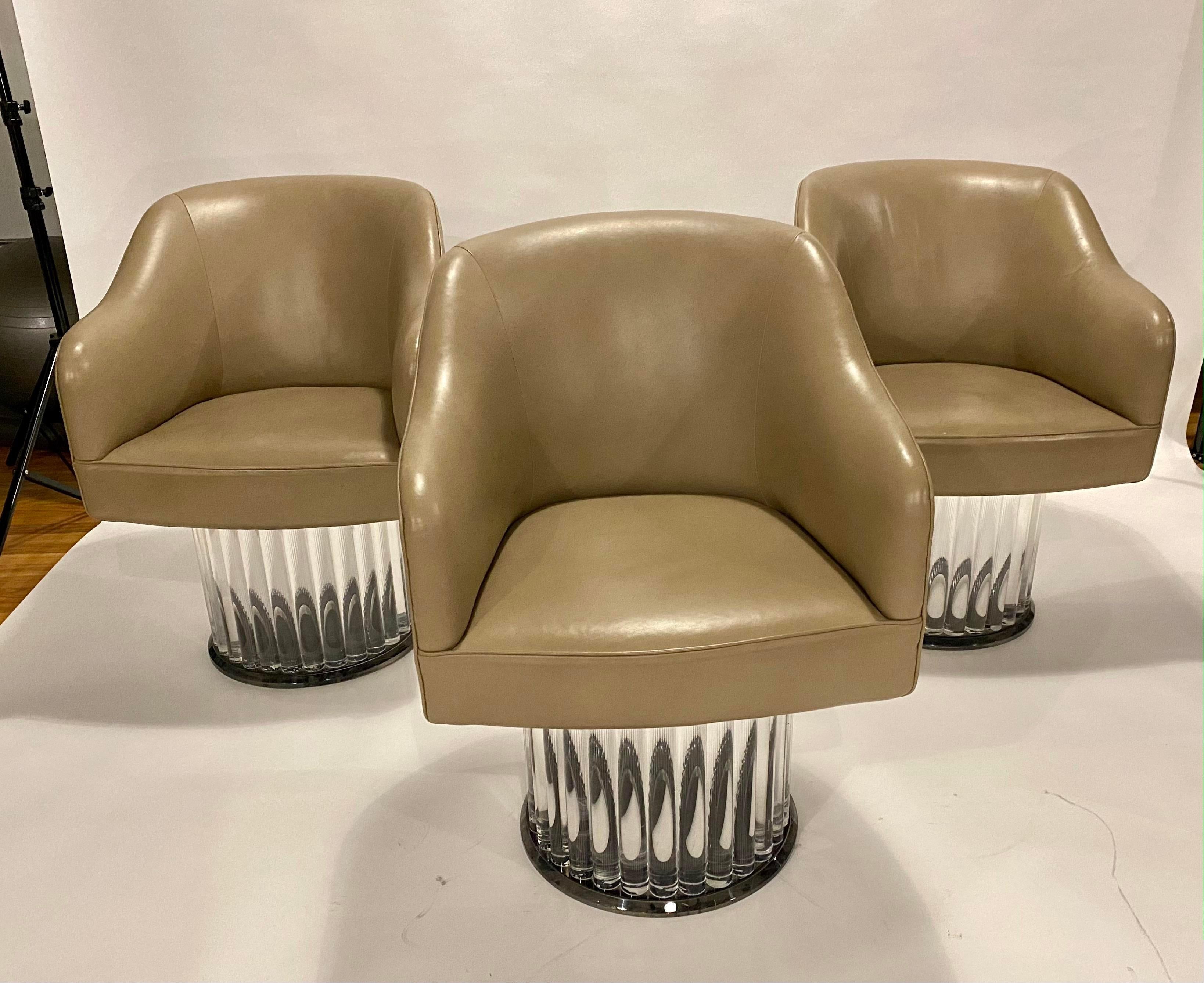 Pair of Space Age Swivel Arm Chairs on Lucite Base and Taupe Leather 2