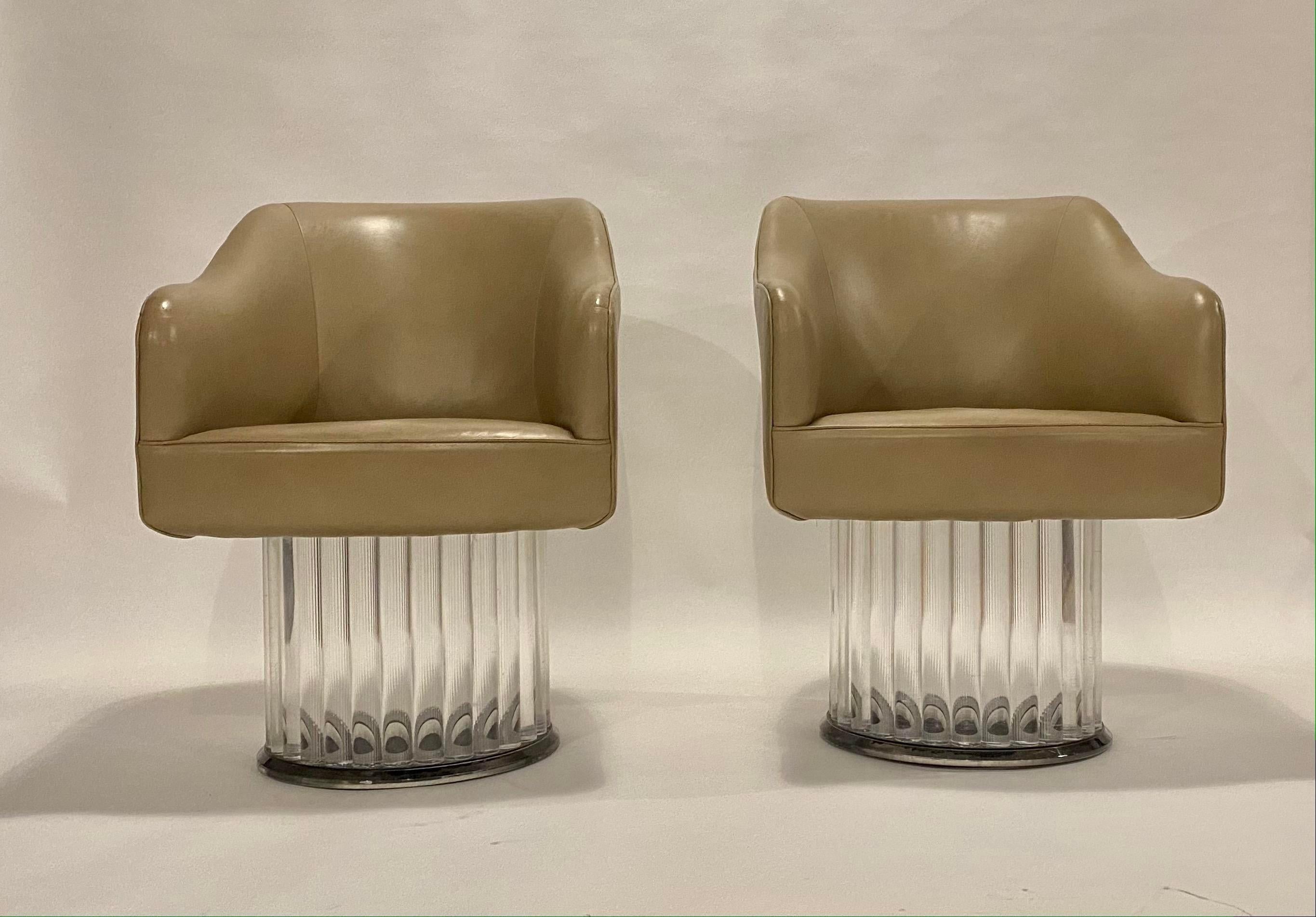 Pair of Space Age Swivel Arm Chairs on Lucite Base and Taupe Leather 3