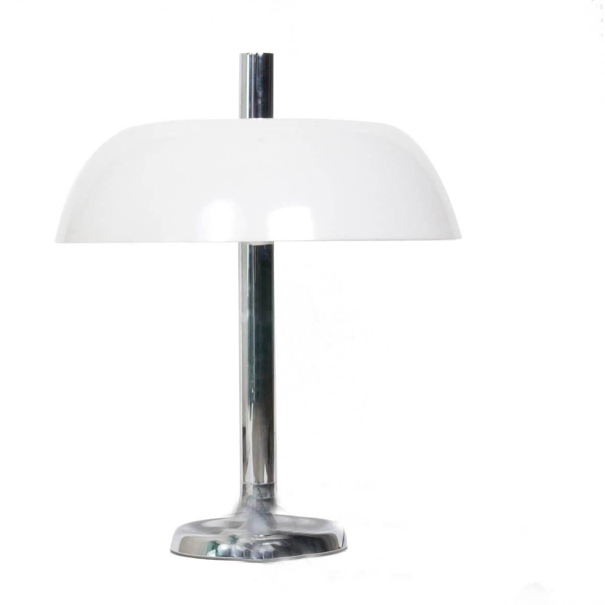 Pair of large table lamps with three E27 bulbs by Hillebrand, Germany with a chrome base and a white plastic molded shade. With on/off switch.

The stylish elegance of this lamp suits many environment, from midcentury to Danish modern and Space