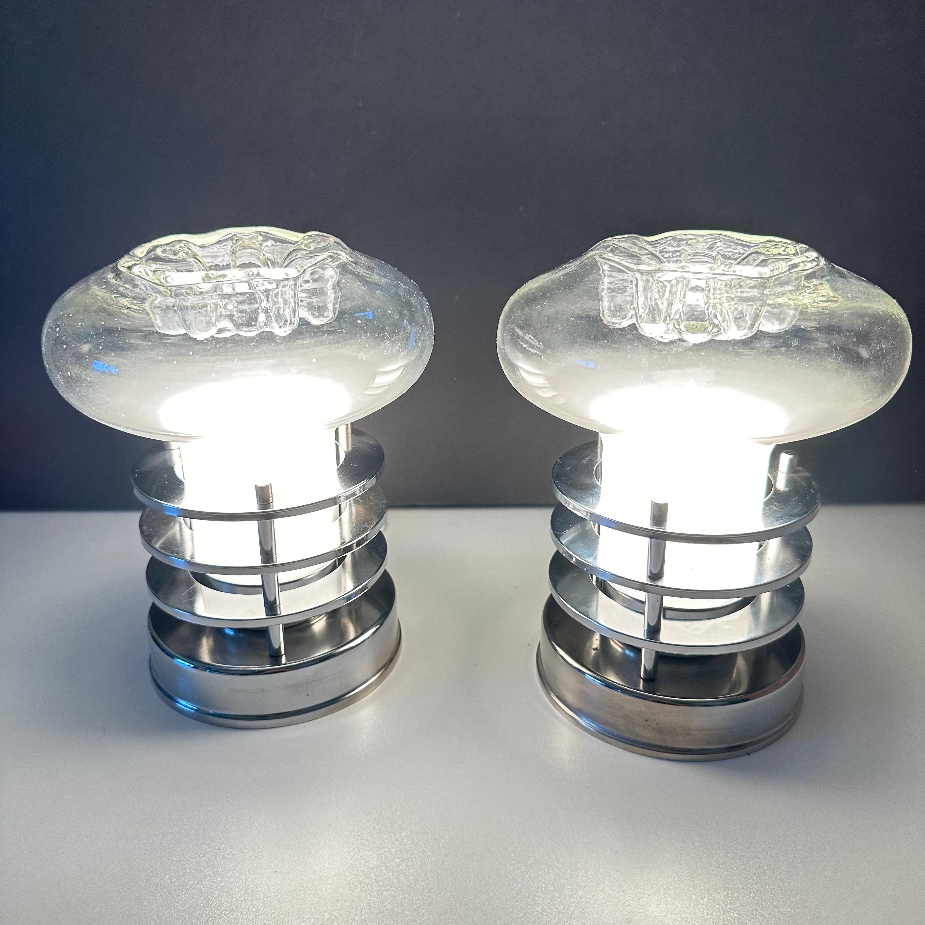 Slovenian Pair of Space Age Table Lamps in Glass and Chrome in the Style of Toni Zuccheri For Sale