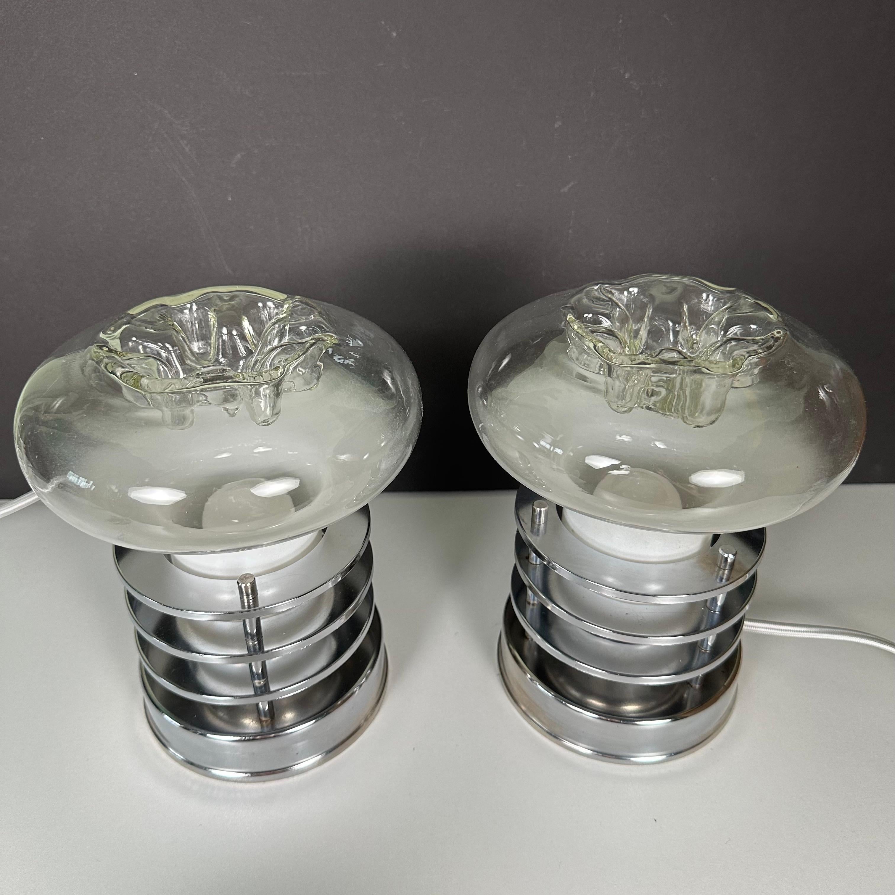 Pair of Space Age Table Lamps in Glass and Chrome in the Style of Toni Zuccheri In Good Condition For Sale In Amityville, NY