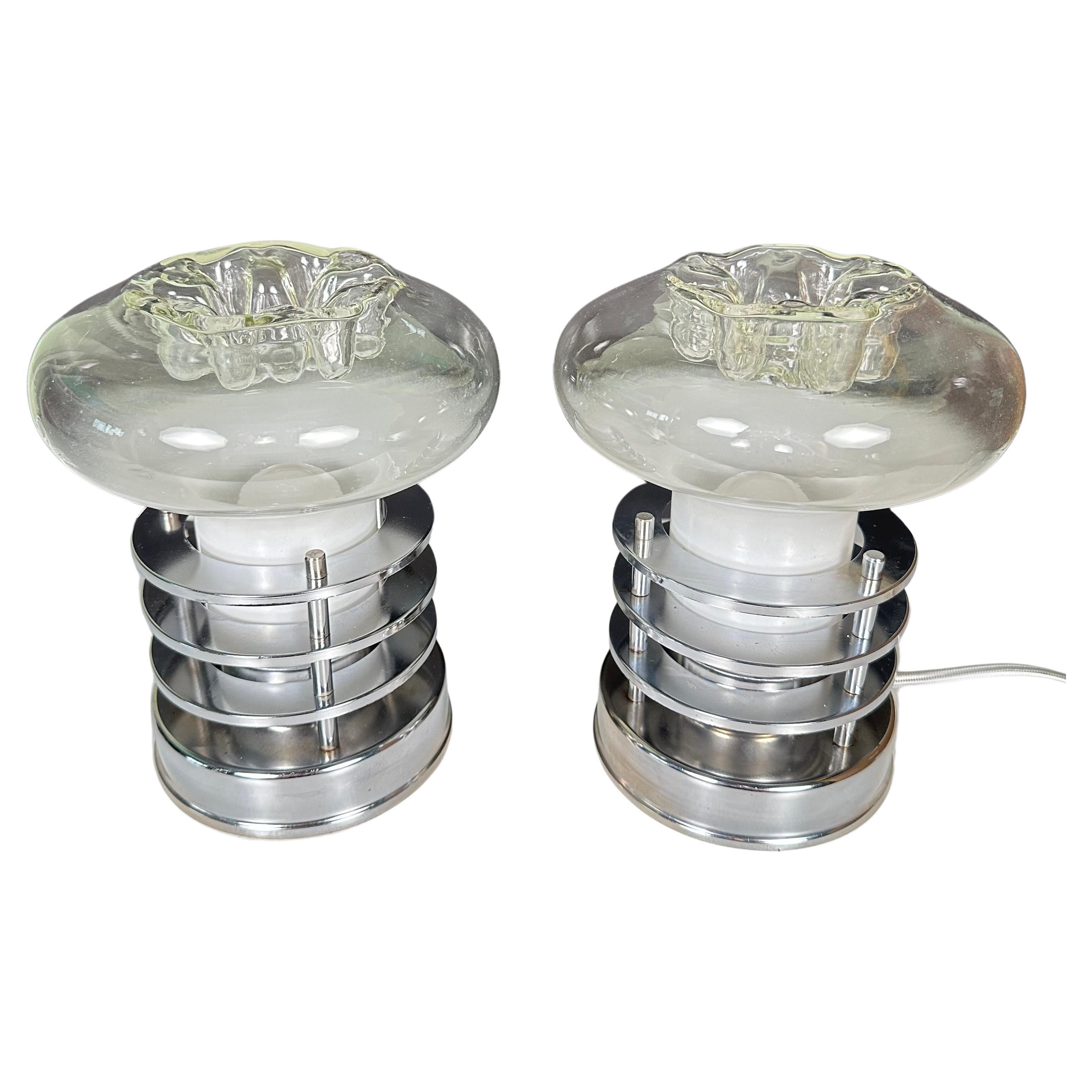 Pair of Space Age Table Lamps in Glass and Chrome in the Style of Toni Zuccheri For Sale