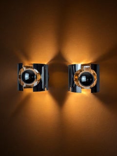 Pair of space age tubular wall lights, chromed metal, Italy, 1970