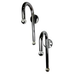 Pair of Space-Age Tubular Wall Lights, Chromed Metal, Italy, 1970s