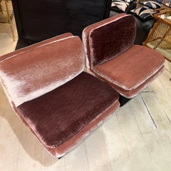 Pair of Space Age Two-Tone Pink Velvet Lounge Chairs on Black Squared Base 1970
