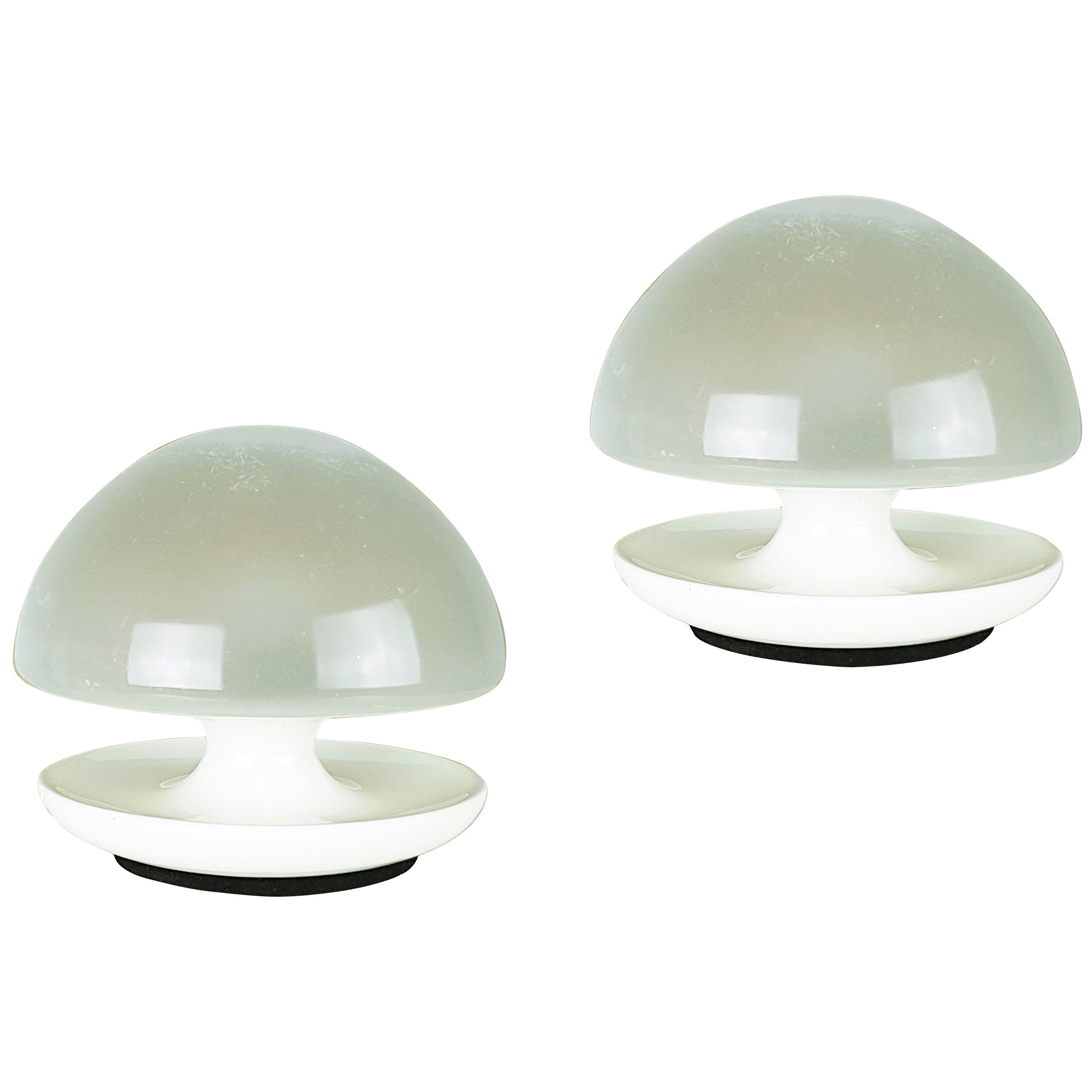 Pair of Space Age White Metal and Sandblasted Glass "VBO" Table Lamps by Sirrah