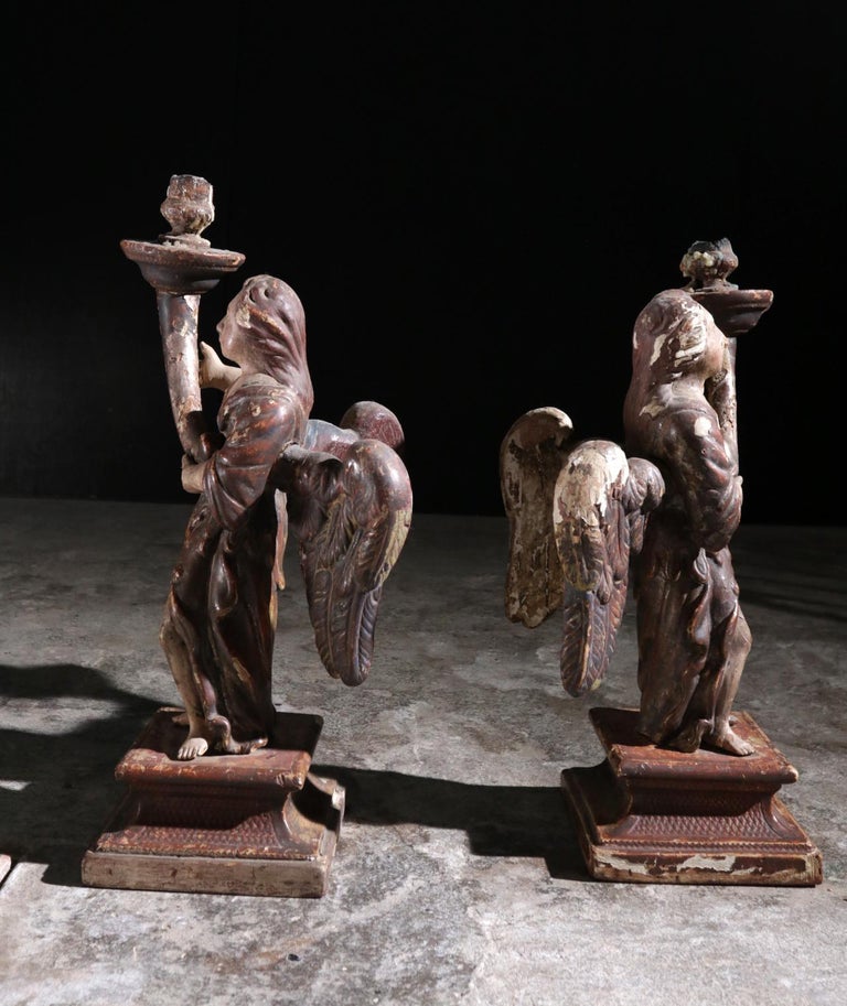 18th Century and Earlier Pair of Spanish 17th Century Carved Wood Winged Angel Candleholders For Sale